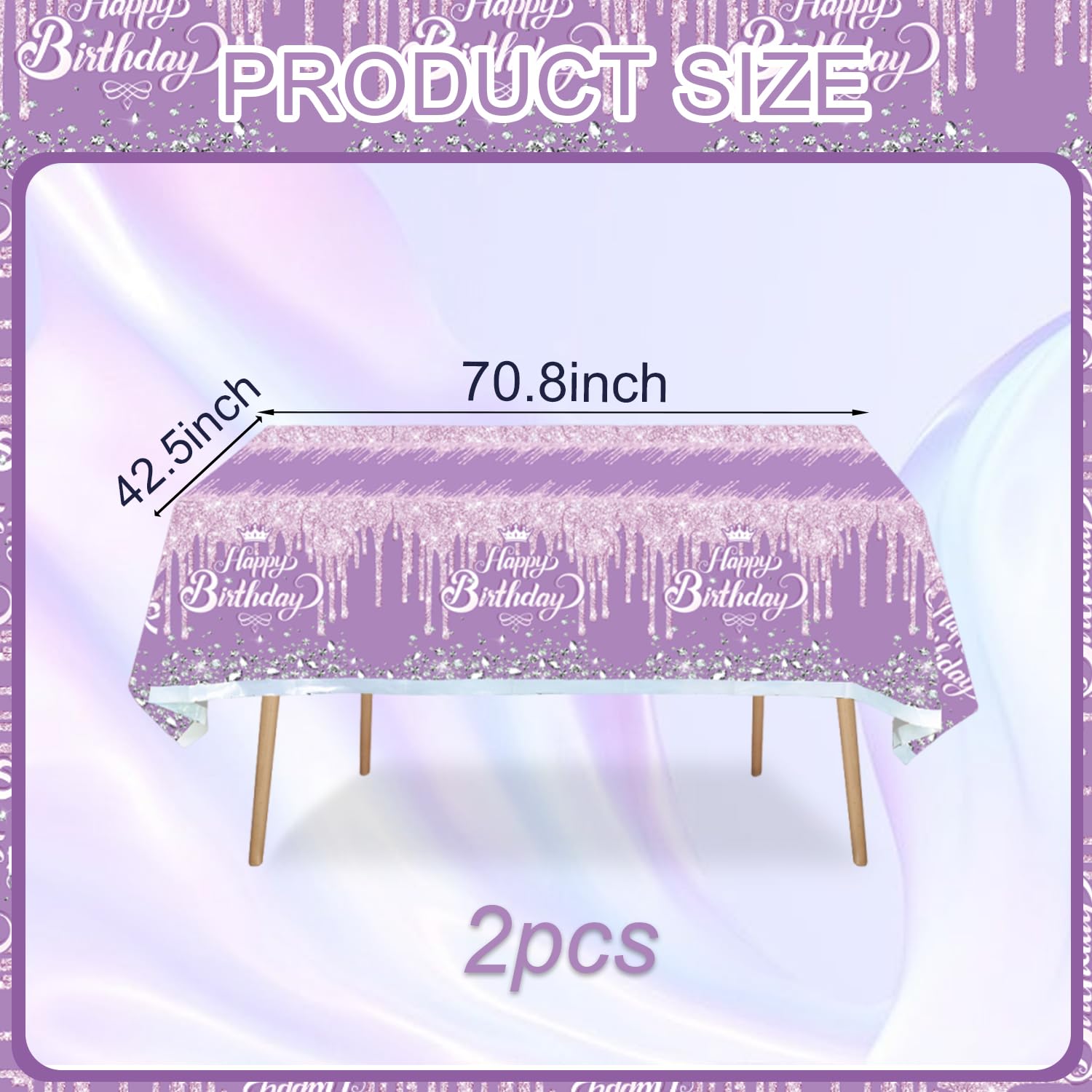 2 Pack Purple & Silver Glitter Diamond Happy Birthday Tablecloth - 70 x 51 Inch Party Table Cover for Boys & Girls Birthday Decorations - Perfect for Birthday Parties, Baby Showers & Special Events