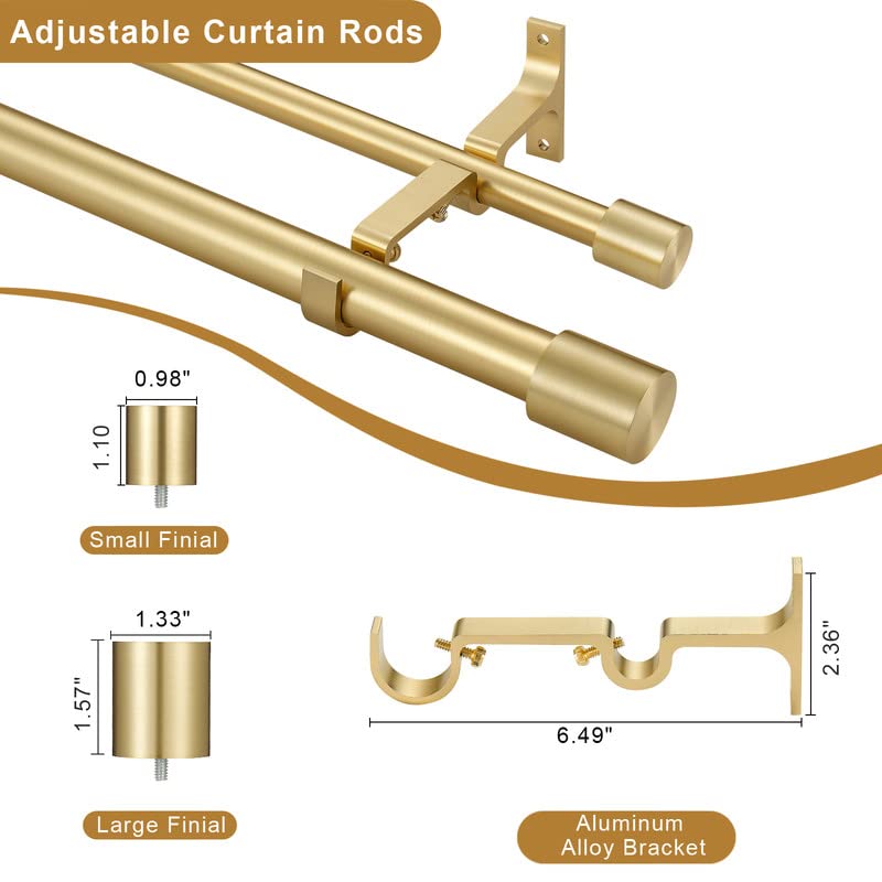 Adjustable Brass Double Curtain Rods 72-144 Inches with Cap Finials - 1 Inch Front & 5/8 Inch Back Dual Drapery Rod for Layered Window Treatments - Perfect for Living Room, Bedroom, and Home Decor