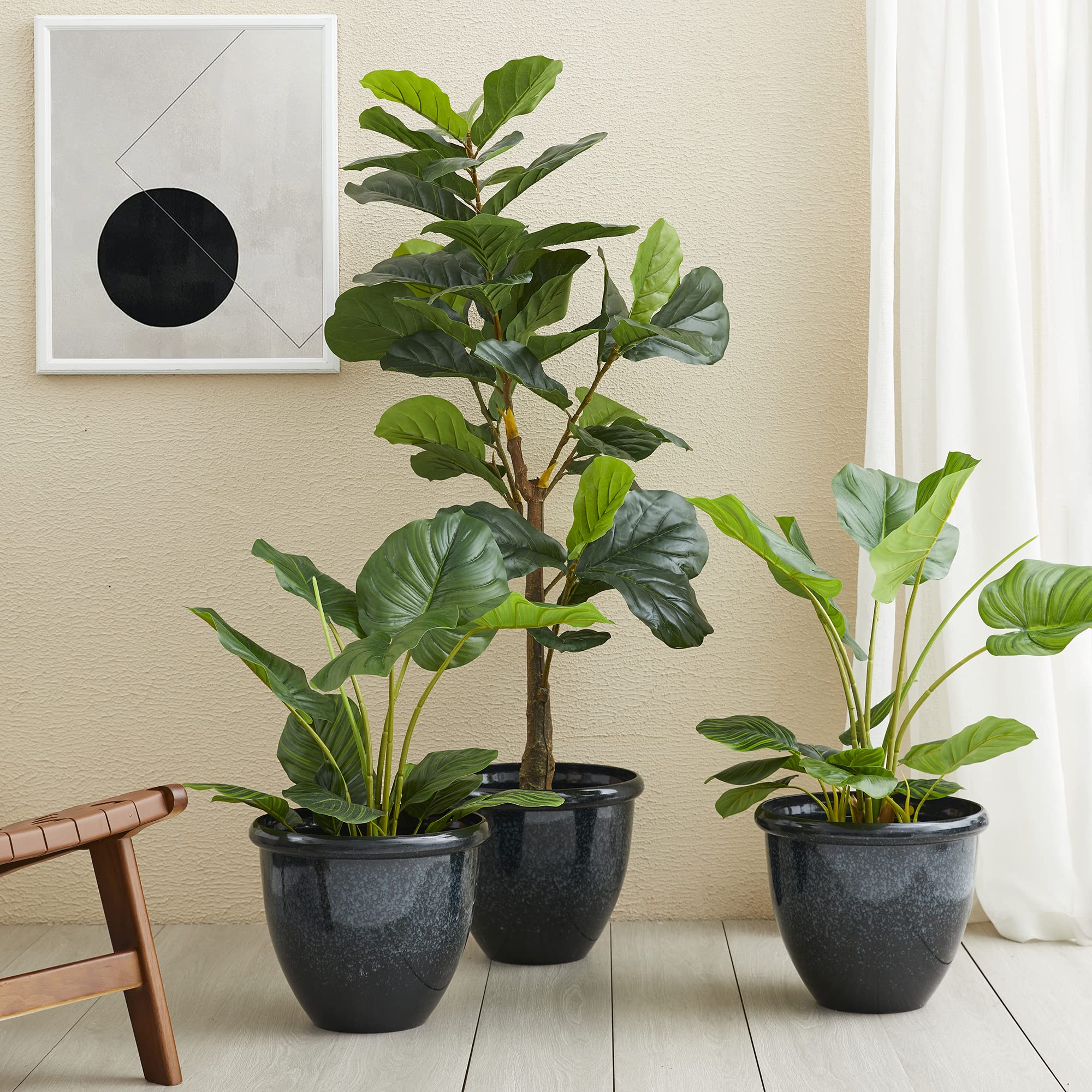 Glitzhome Set of 3 Lightweight Faux Ceramic Plastic Plant Pots with Drainage Holes - 14.25