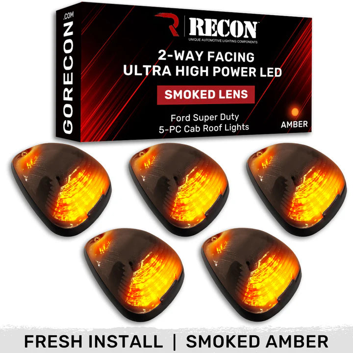 Ford Super Duty 1999-2016 5-Piece Smoked Cab Roof Light Kit with 2-Way Front & Rear Ultra High Power Amber LEDs - Compatible with Non-Factory Cab Light Models - Perfect for Off-Roading & Nighttime Visibility