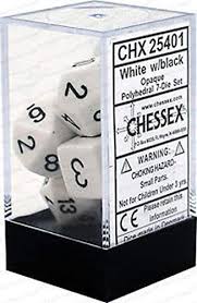 Chessex Polyhedral 7-Dice Set - Opaque White with Black for D&D, RPG, and Tabletop Gaming
