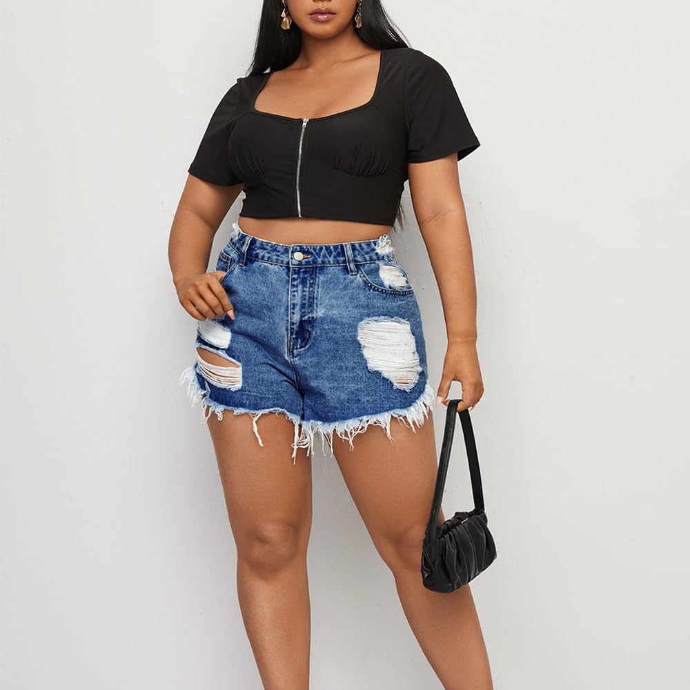 MapleHub Plus Size Denim Shorts for Women - High Waisted Ripped Distressed Jean Shorts with Folded Hem | Comfortable Summer Casual Wear, Beach Outfits & Street Style Fashion