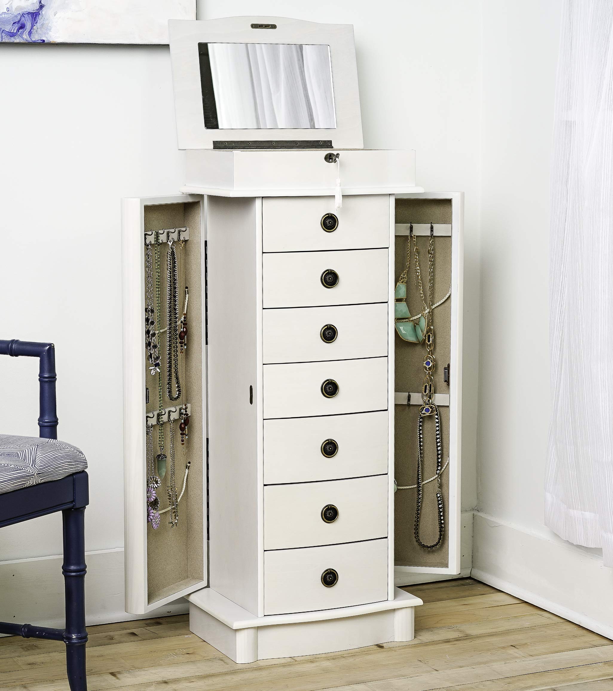 Hives & Honey Noel Standing Jewelry Armoire Cabinet with Lock - White Jewelry Storage Organizer with Flip Mirror, 2 Side Doors & 7 Drawers for Necklaces, Earrings, Bracelets | Perfect for Bedroom, Closet & Dressing Room Organization