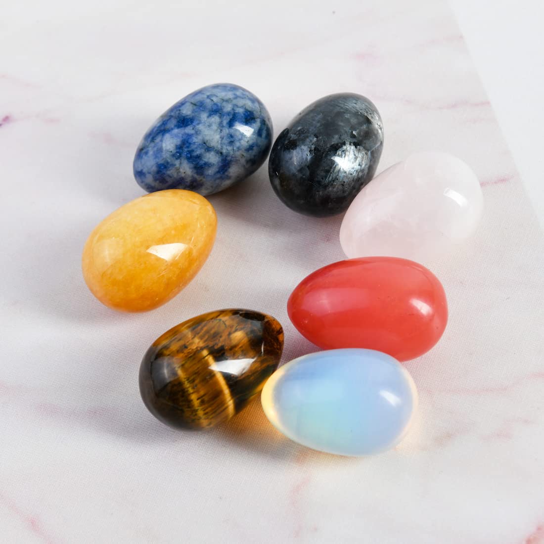 YGLINE 7Pcs Crystal Egg Polished Gemstone Figurines - Natural Healing Stones for Meditation, Home Decor & Gift Giving | Perfect for Yoga Spaces, Office Desk & Feng Shui Display