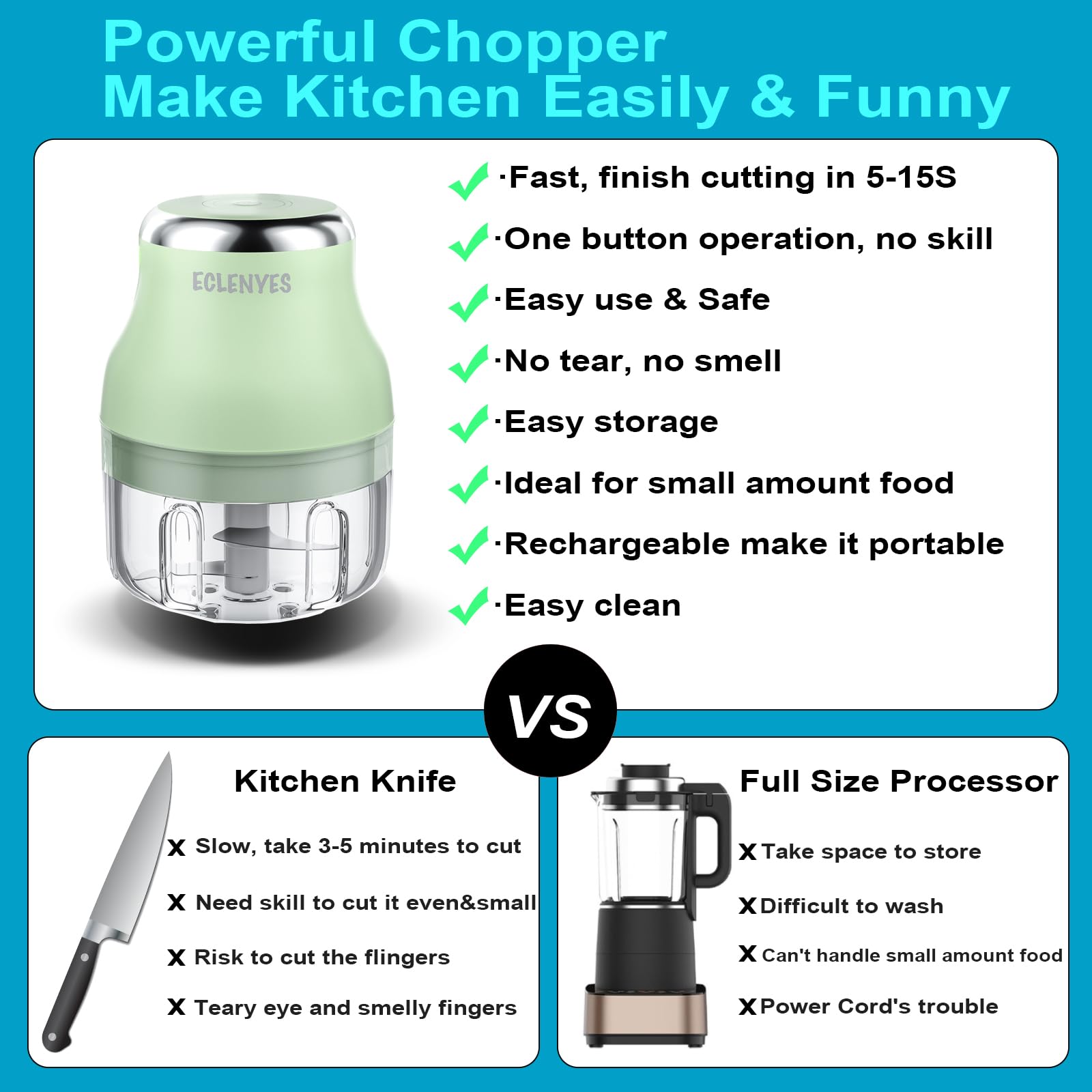 Electric Garlic Chopper & Mini Blender - 100ML Rechargeable Food Processor for Ginger, Chili, Fruit, Meat - Wireless Vegetable Cutter for Kitchen, Camping, Travel (Green)