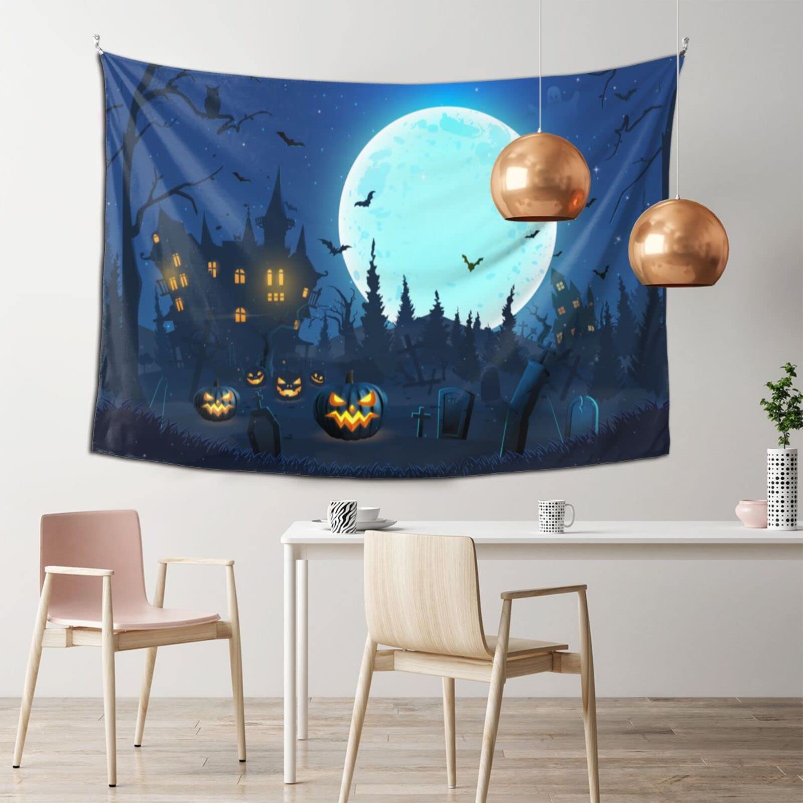 Vthxloi Halloween Tapestry - Spooky Moon & Pumpkin Wall Hanging for Home Decor (60x40 Inches) | Hippie Aesthetic Dorm Room Tapestry for Bedroom, Living Room & Party Decorations