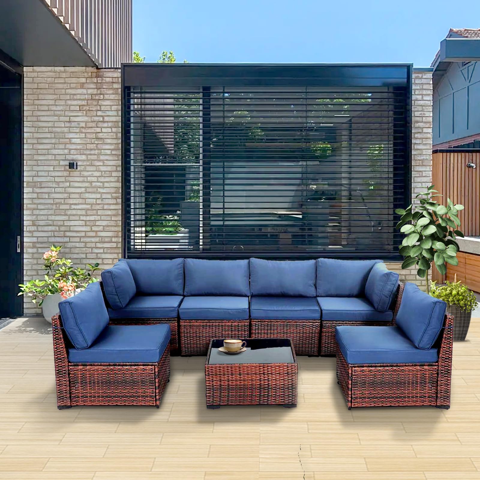 7-Piece Outdoor Patio Furniture Set - PE Rattan Sectional Sofa with Thick Cushions & Coffee Table - Waterproof Navy Blue Conversation Set for Garden, Poolside, Backyard & Balcony