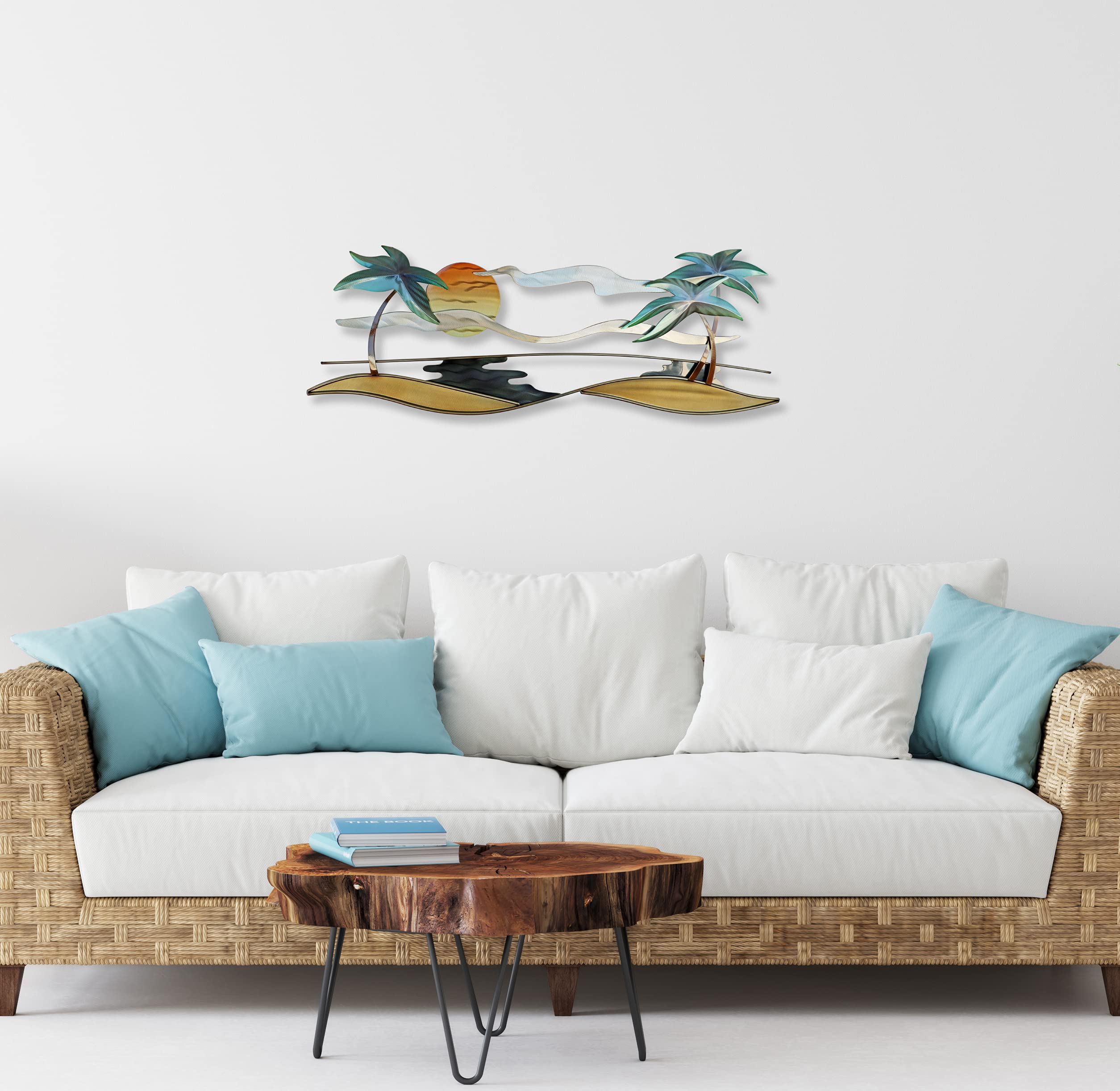 Tropical Beach Coastal Metal Wall Art - Modern Ocean Themed Home Decor for Living Room, Bedroom, or Beach House