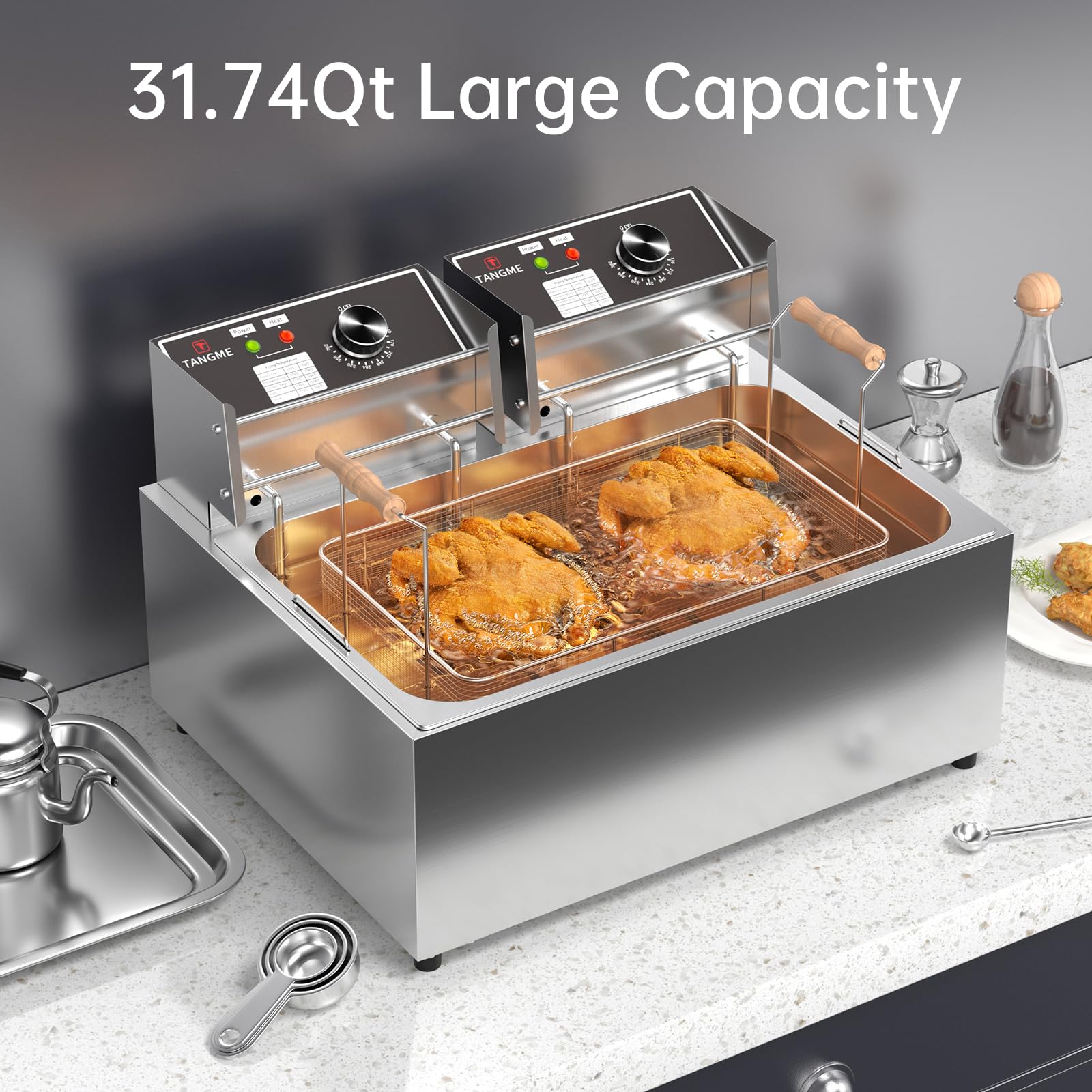 Upgraded 31.7Qt Commercial Deep Fryer - Triple Basket Electric Countertop Fryer for Whole Fish or Turkey with Temperature Limiter | UL Certified | Perfect for Restaurants, Catering & Outdoor Cooking