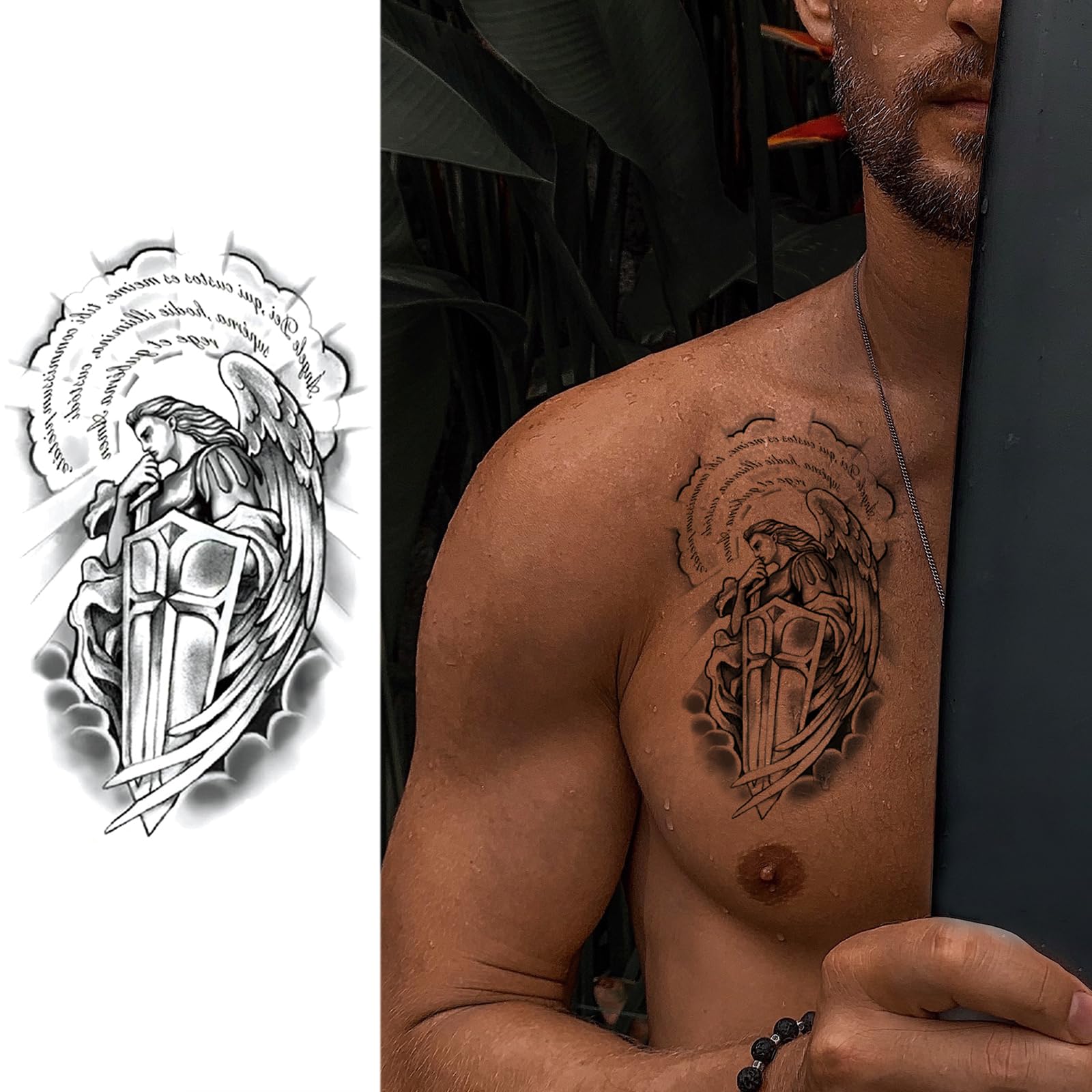 Realistic Cross Wing Temporary Tattoo for Men - Large Half Sleeve Black Religious Tattoo Stickers | Holy God Jesus Fake Tattoo, Christian Tribal Arm & Chest Body Art | 8-Sheet Pack for Halloween, Cosplay, Costume Parties & Religious Events