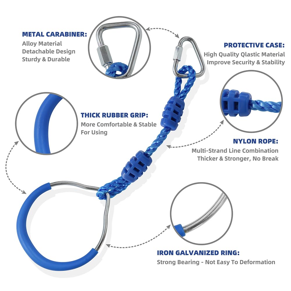 Premium Hanging Gymnastic Rings for Kids - Outdoor Ninja Warrior Obstacle Course Equipment with Carabiner Clips | Perfect for Backyard Playgrounds, Climbing Frames, Garden Swings & Slackline Training | Durable Blue Fitness Rings for Home Exercise & Kids Ninja Training