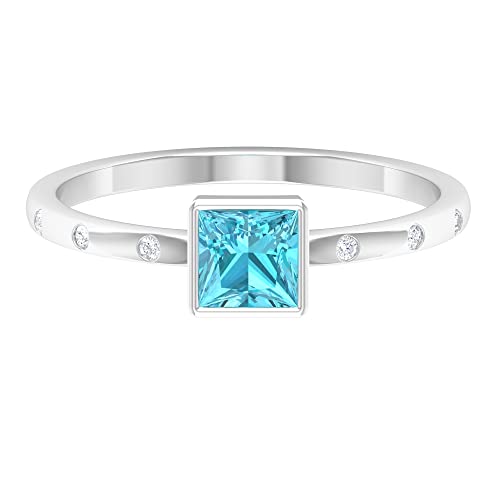 4.50 MM Princess Cut Swiss Blue Topaz & Diamond Ring in 14K Solid Gold – 0.50 CT Genuine Swiss Blue Topaz Promise Ring for Women, Anniversary Gift, Engagement Jewelry, Wedding Band, Valentine's Day Present