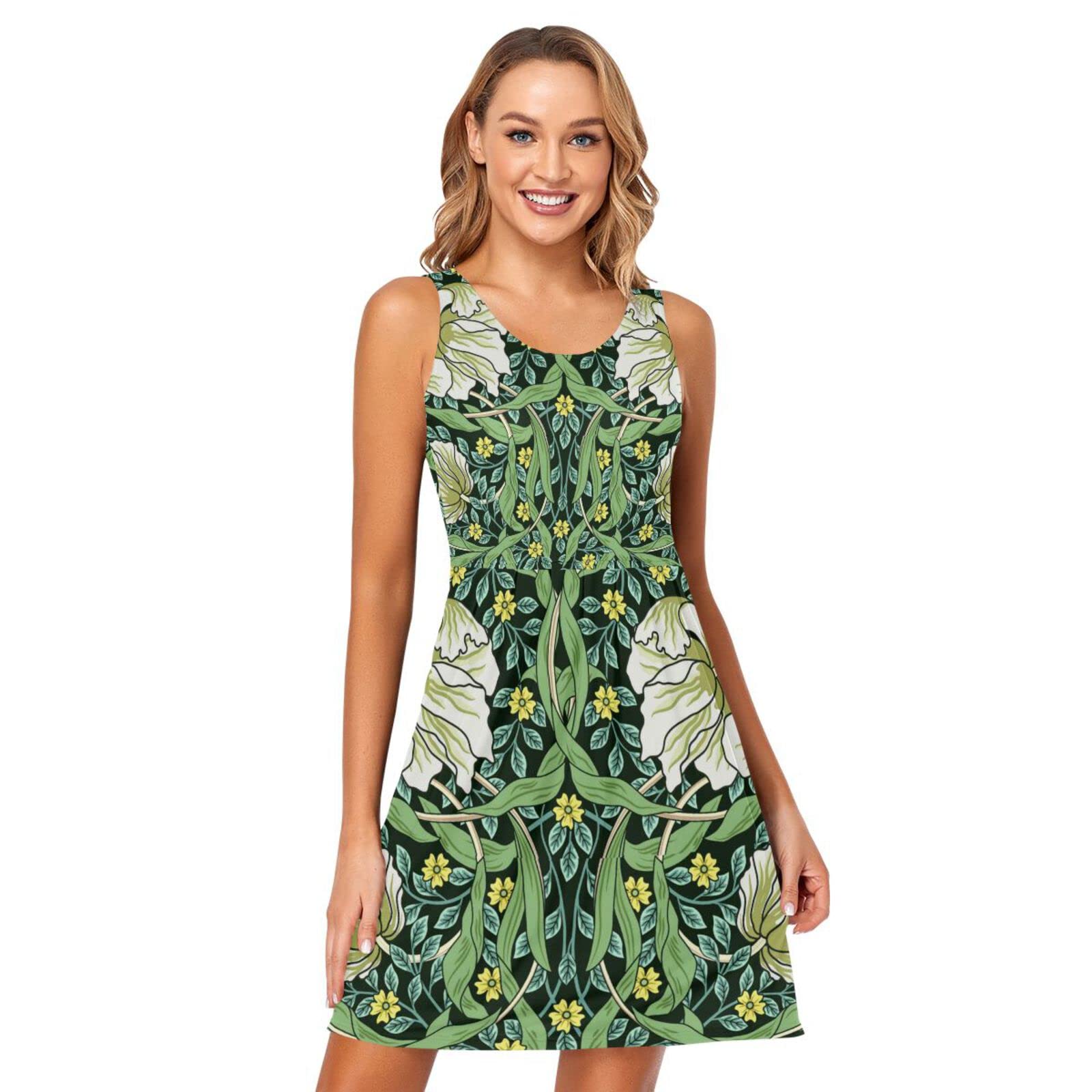 Women's Summer Sleeveless Casual Dress - Floral Print Pleated Sun Dress with Pockets | Perfect for Beach, Vacation & Outdoor Activities