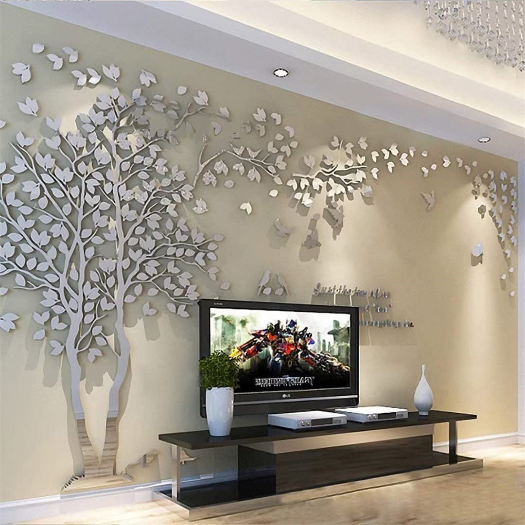 3D Tree Wall Decals - DIY Peel and Stick Wall Stickers with Birds, Large 158x79 Inch Family Tree Mural for Living Room, Bedroom, TV Background - Silver Left Design | Perfect for Home Decor, Nursery, Kids Room & Wedding Photo Backdrop