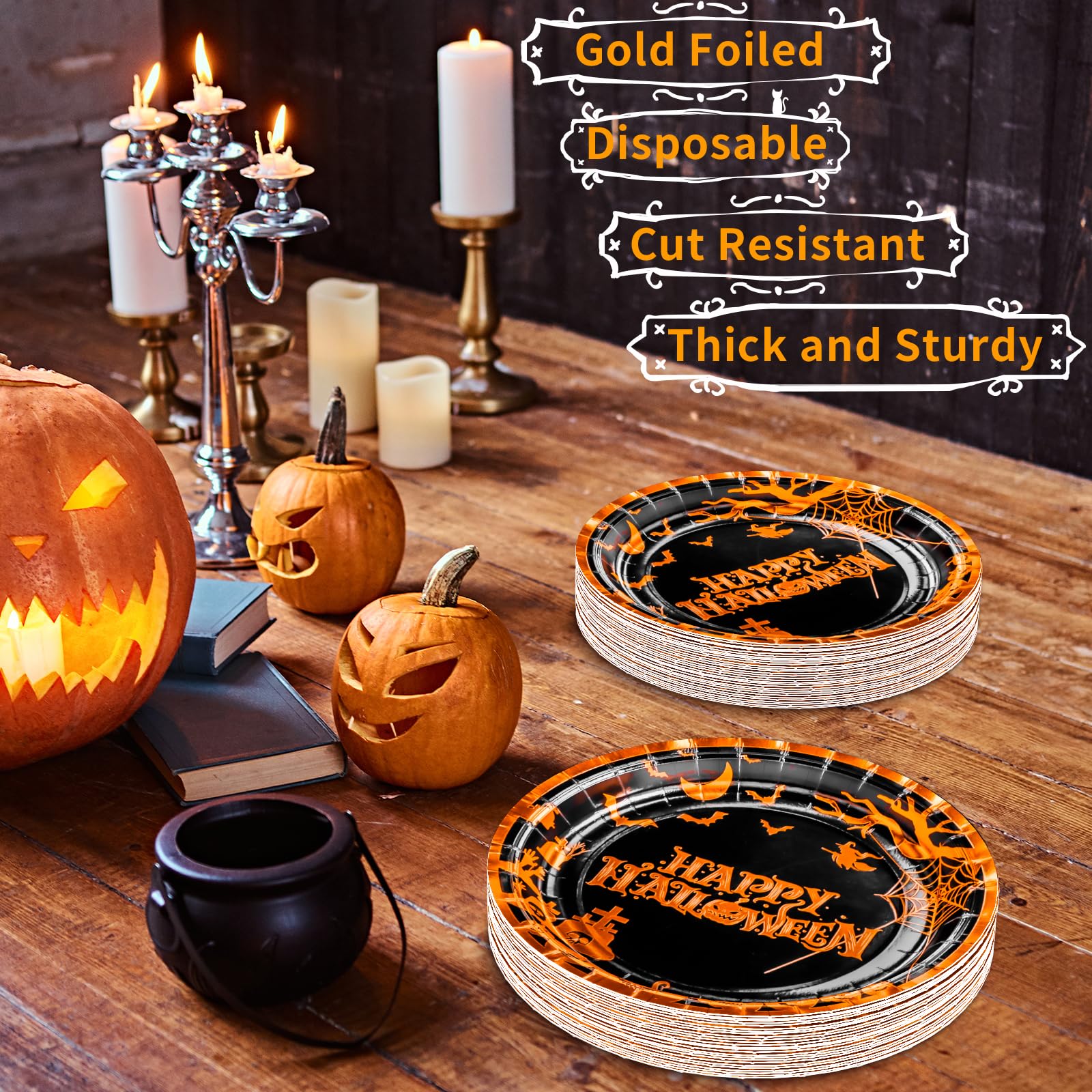 Halloween Party Plates 9 Inch - 50 Pcs Orange Gold Foil Pumpkin Cemetery Bats Disposable Paper Dinner Plates for Halloween Decorations & Party Supplies | Perfect for Spooky Dinner Parties, Trick-or-Treat Events & Haunted House Decor