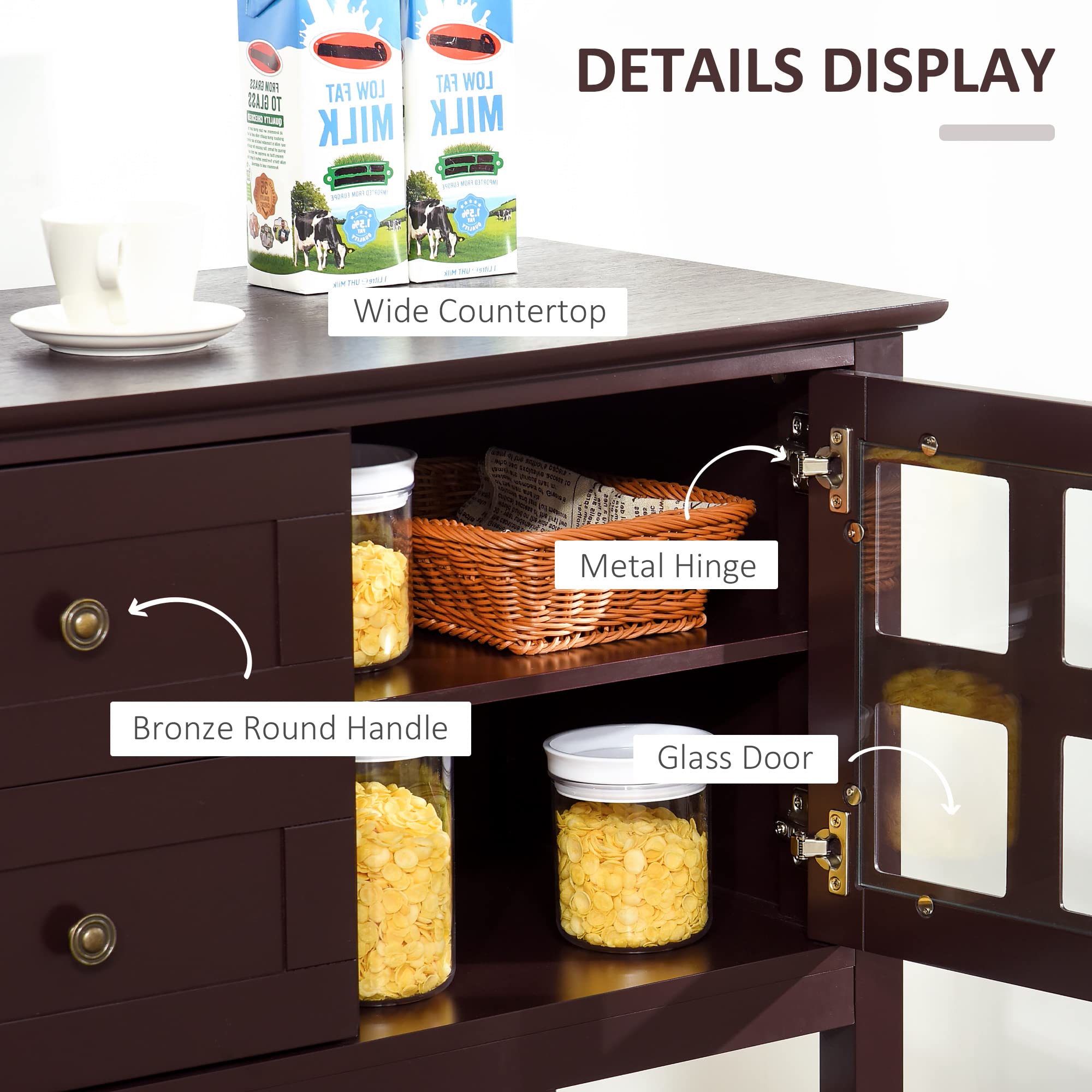 HOMCOM Coffee Bar Cabinet with Adjustable Shelves, Glass Doors & 2 Drawers - Kitchen Buffet Sideboard for Living Room, Espresso Bar & Dining Room Storage