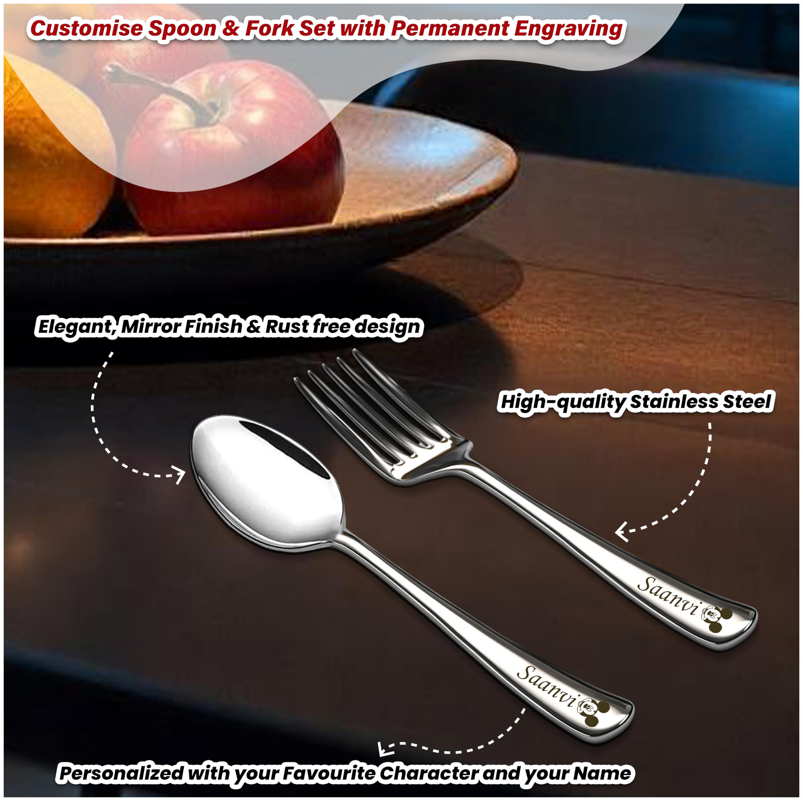 Personalized Stainless Steel Spoon & Fork Set with Name & Character Engraving - Kids Favorite Design for Lunch Box, Office, Birthday & Corporate Gifts | Durable Cutlery for Home, School & Travel