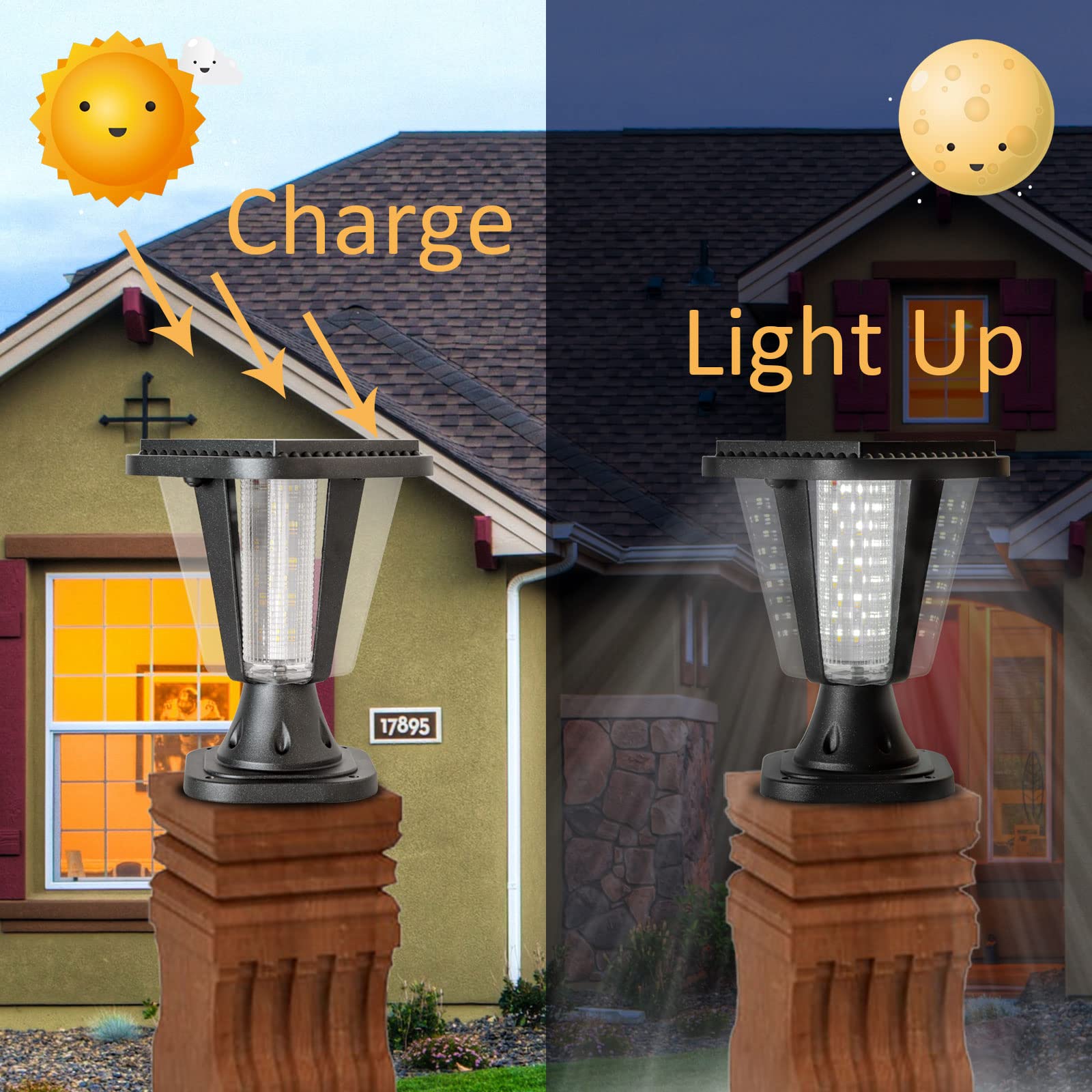 Kendal Metal Solar Post Lights Outdoor - Waterproof Decorative Solar Pillar Lights with Safety Beveled PS Panes, Warm White & Black (2-Pack) - Perfect for Garden, Pathway, and Patio Lighting