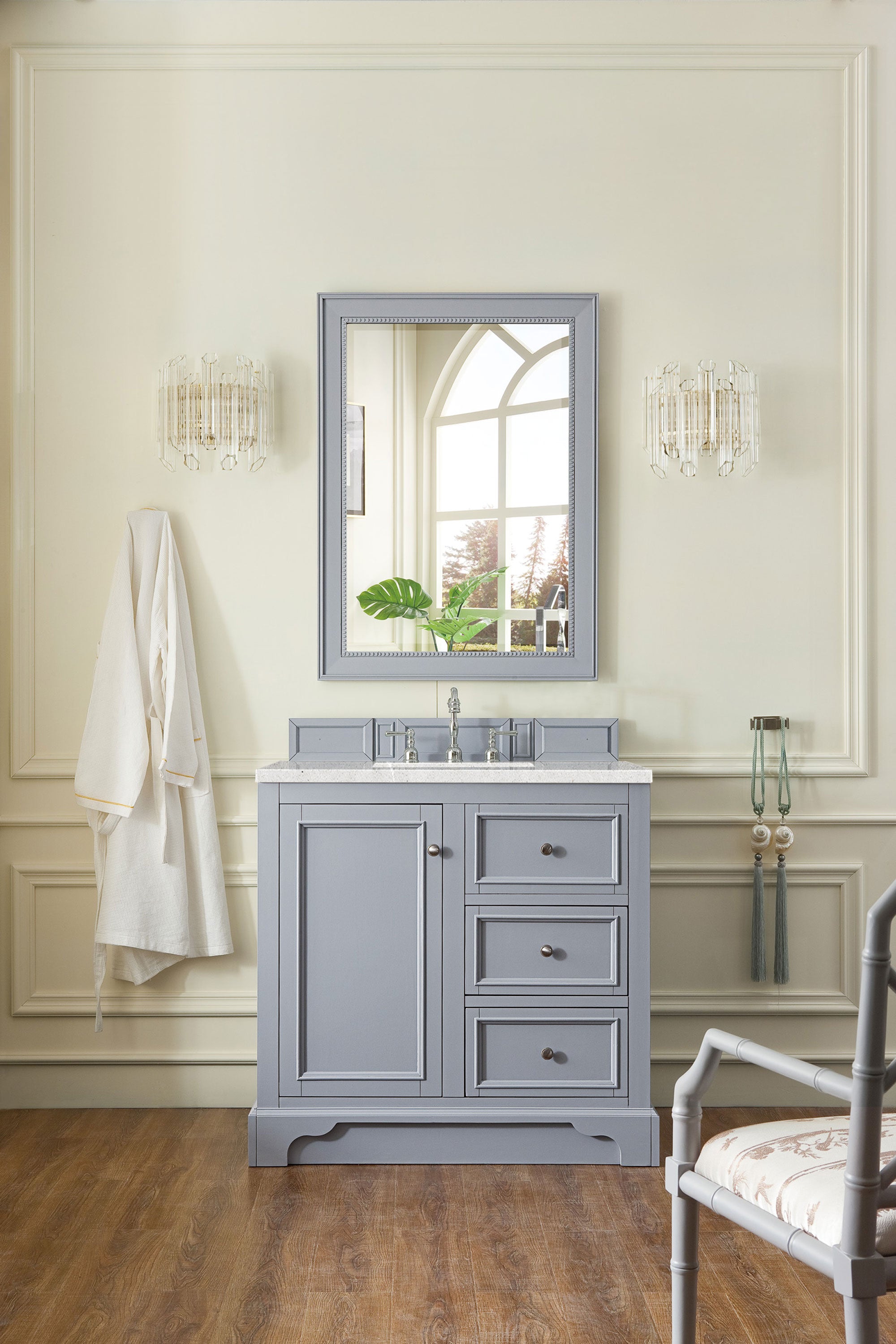 De Soto 36 Inch Single Bathroom Vanity with 3CM Eternal Serena Quartz Top in Silver Gray - Perfect for Modern Bathroom Renovations & Small Space Designs