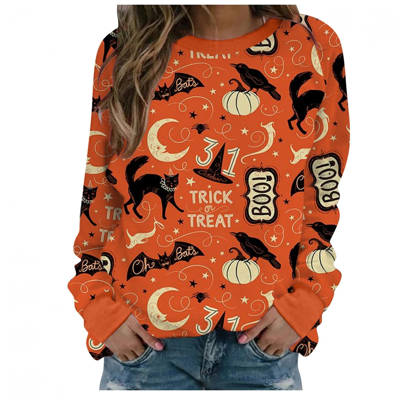 FABIURT Women's Halloween Graphic Sweatshirt - Bat & Pumpkin Print Long Sleeve Crewneck Pullover Top | Cozy Costume Party Outfit for Trick-or-Treating & Fall Festivals