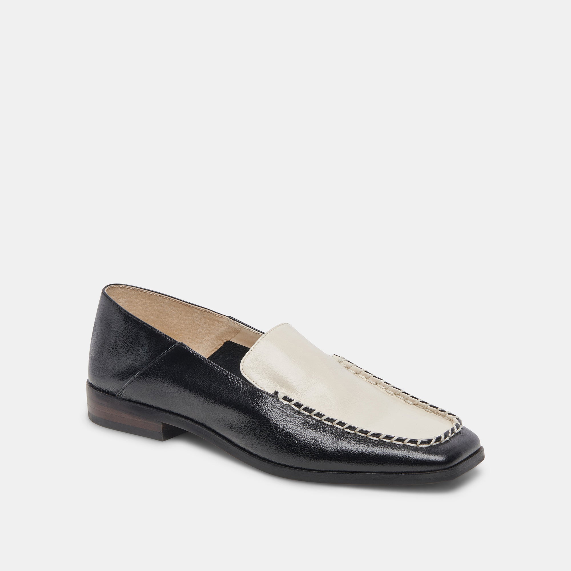 BENY Wide Flats Shoes for Women - White & Black Crinkle Patent Leather - Comfortable Slip-On Loafers for Work, Office, and Casual Wear