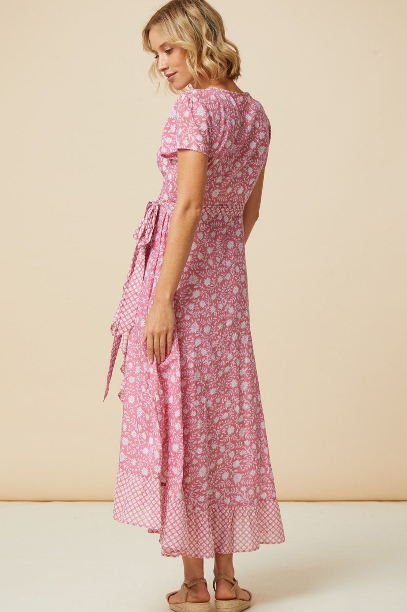 Stylish Demi Cotton Wrap Dress in Primula Pink & White - Perfect for Casual Outings, Date Nights, and Summer Vacations