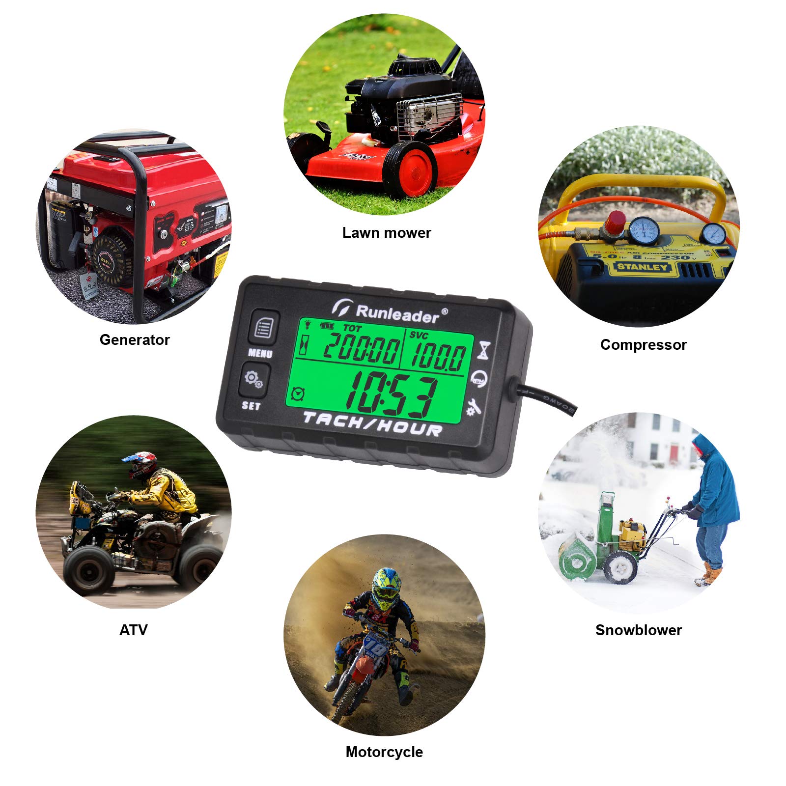Runleader Hour Meter Tachometer with Maintenance Alert - Digital RPM Counter, Adjustable Initial Hours, Replaceable Battery - Perfect for Lawn Mowers, Generators, Marine Engines, ATVs & Gas Powered Equipment | Track Usage & Schedule Maintenance