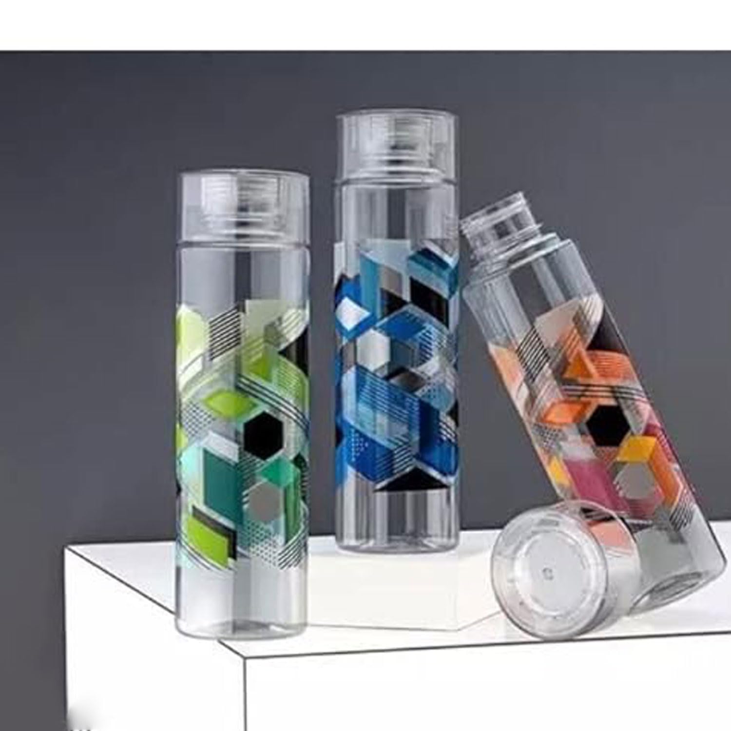 Busaji ENTERPRISE 3-Pack Printed Round Plastic Water & Juice Bottles with Leak-Proof Big Cap - Reusable BPA-Free Drink Containers for School, Gym, Office, and Outdoor Activities