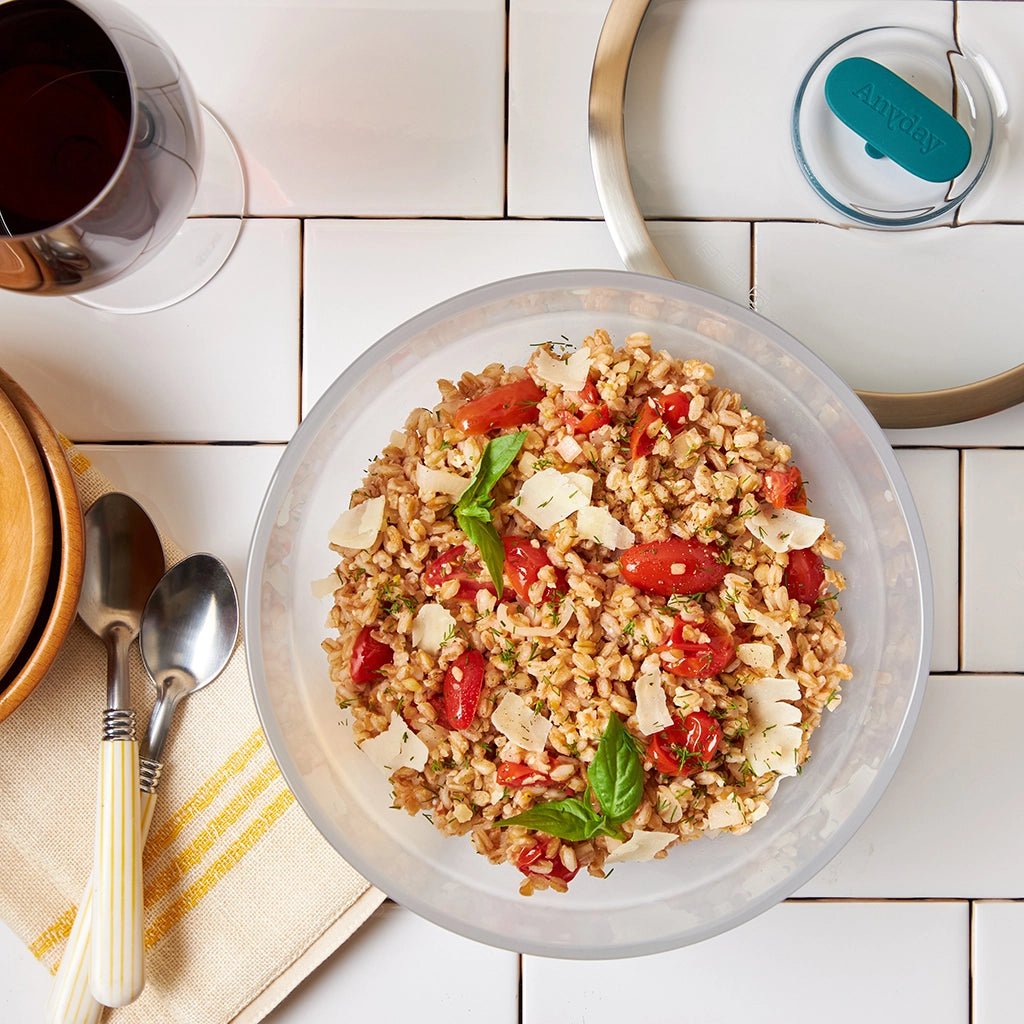 Delicious Warm Farro Salad with Fresh Tomatoes, Parmesan Cheese & Basil - Perfect for Healthy Lunch, Dinner & Meal Prep