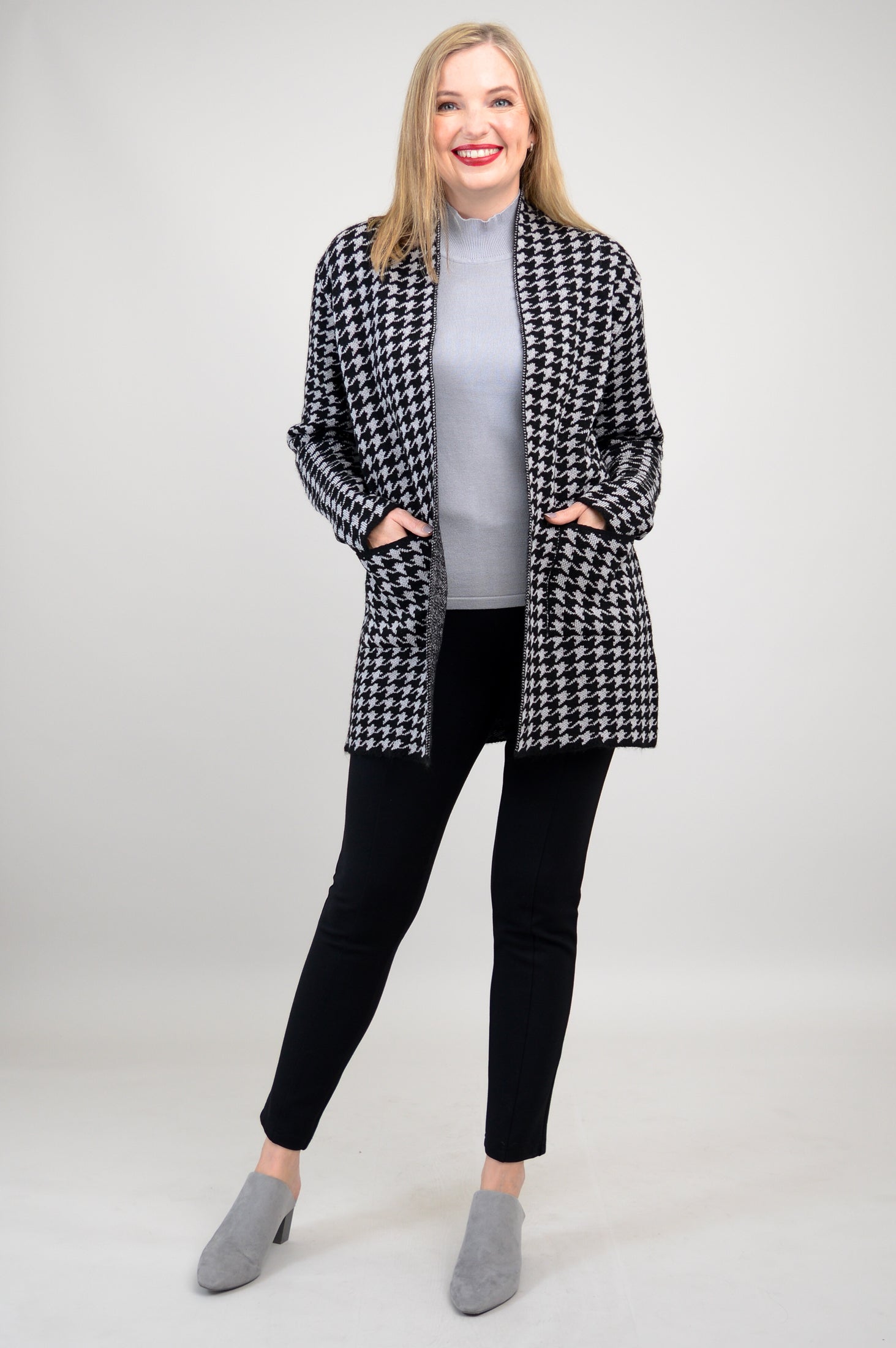 Dakota Cardigan Women's Houndstooth Pattern Cotton Wool Blend Knit Sweater for Fall & Winter - Cozy Office Wear & Casual Outfits