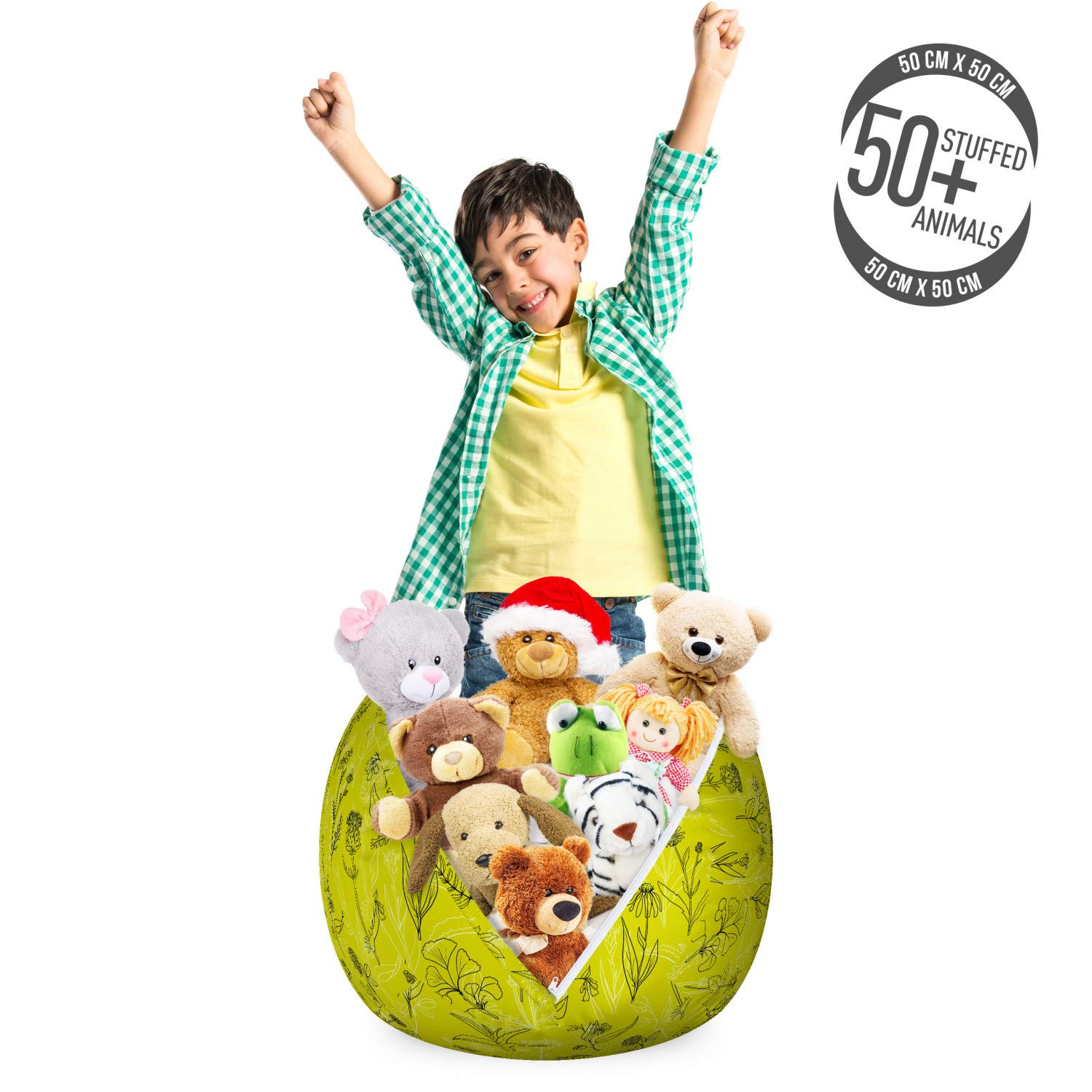 Ambesonne Botanical Storage Toy Bag Chair - Washable Stuffed Animal Organizer with Healthy Plants Pattern, Small Size in Yellow Green Grey - Perfect for Kids' Room, Nursery & Playroom Organization