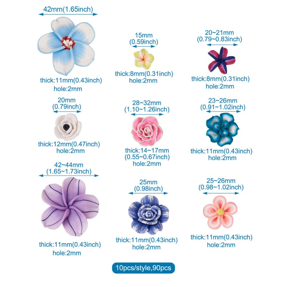 Cheriswelry 90pcs Handmade Polymer Clay Plumeria Beads - 3D Flower Spacer Beads in 9 Vibrant Colors (12-33mm) for DIY Jewelry Making, Earrings, Necklaces, Bracelets & Craft Projects