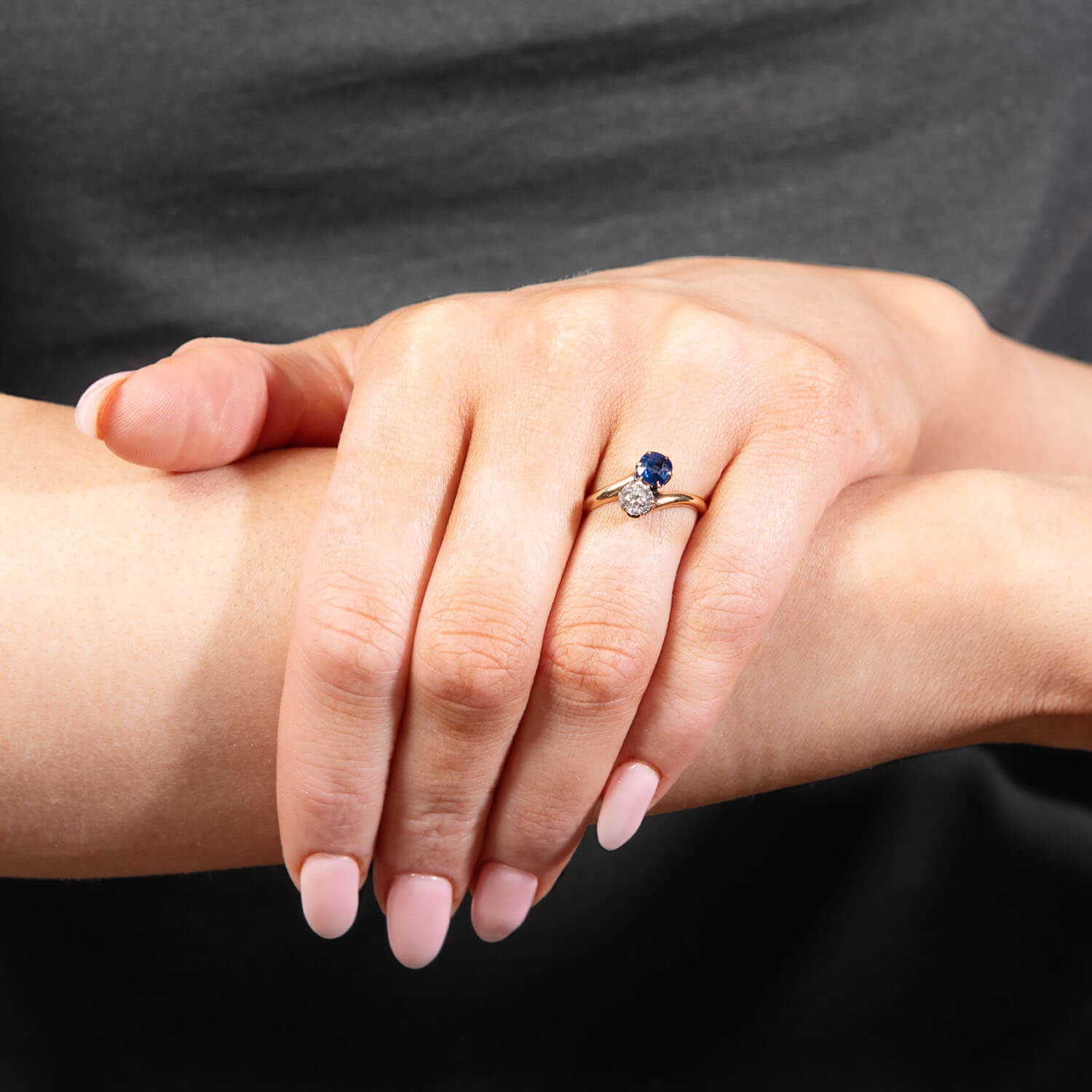 Victorian 14K Gold Diamond & Sapphire Moi et Toi Bypass Ring - Elegant Antique Jewelry for Engagement, Anniversary & Special Occasions