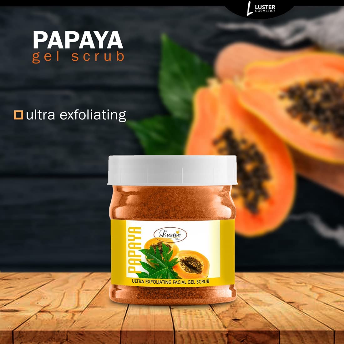 Luster Papaya Gel Scrub for Face & Body - Exfoliating & Brightening Skin Treatment for Women & Men | Removes Dead Skin & Clears Blemishes | Paraben & Sulfate Free | 500ml | Perfect for Daily Skincare Routine & Spa Days