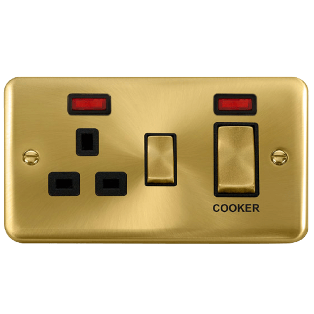 Click Deco Plus Satin Brass 45A Cooker Switch with 13A Socket DPSB505BK - Premium Electrical Switch for Kitchen Appliances, Stoves & Ovens - Perfect for Modern Home Renovation & Cooking Safety