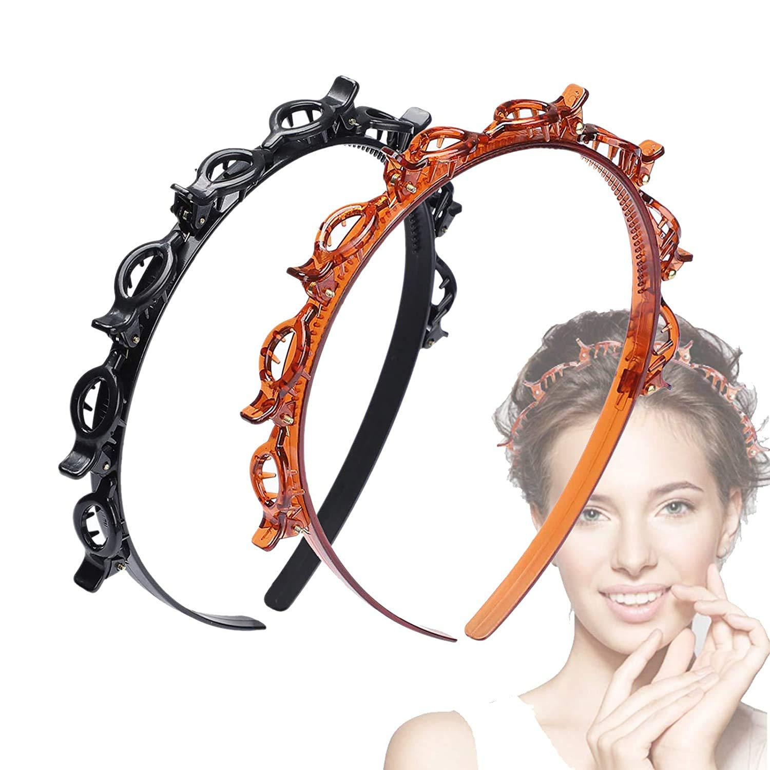 FAVELA Women's Hair Clips & Headbands Set - Alligator Barrettes for Thin or Thick Hair - Double Bangs Hairpins for Girls & Ladies - Black & Shell (2 Pack) - Perfect for Yoga, Makeup & Everyday Styling