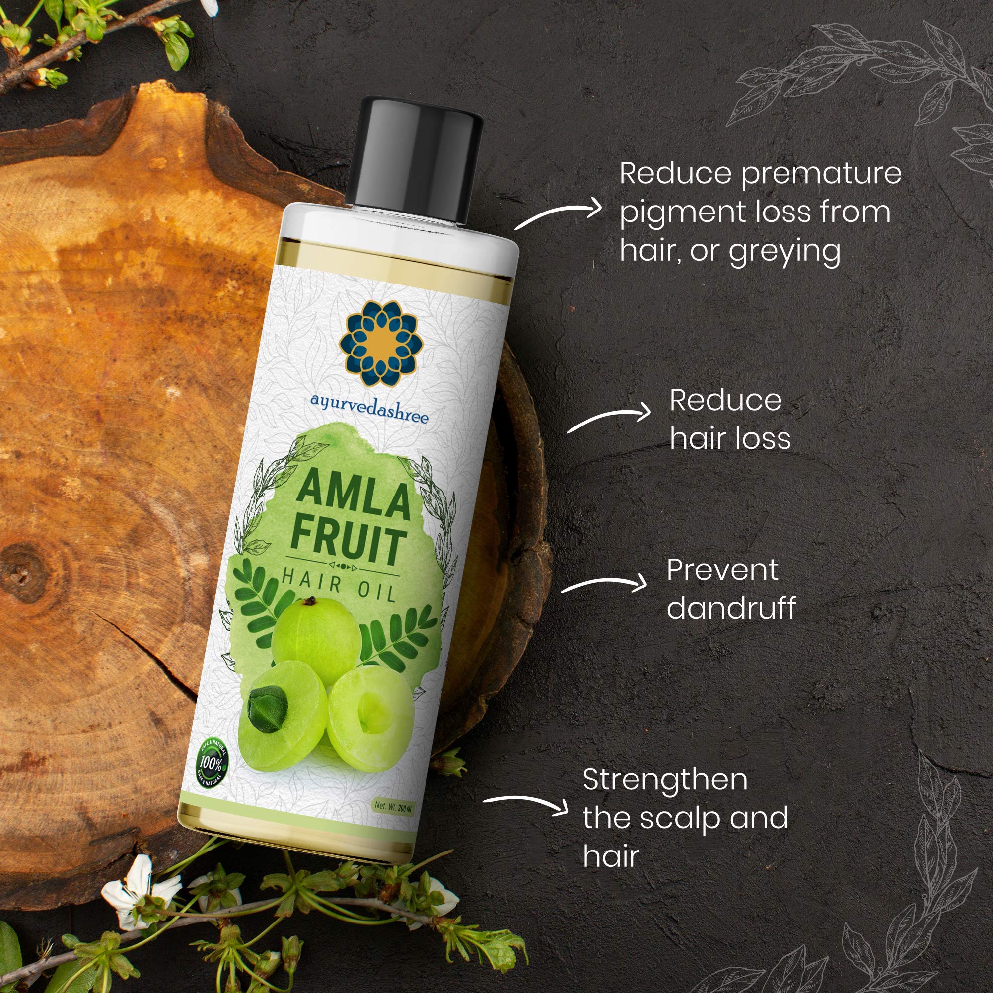 AYURVEDASHREE Amla Hair Oil 200ml - Natural Hair Growth Treatment with Bhringraj, Brahmi, Tulsi, Almond, Argan, Moringa & Clove Oils - Best for Dry, Damaged Hair & Scalp Care - Perfect for Daily Hair Nourishment & Styling