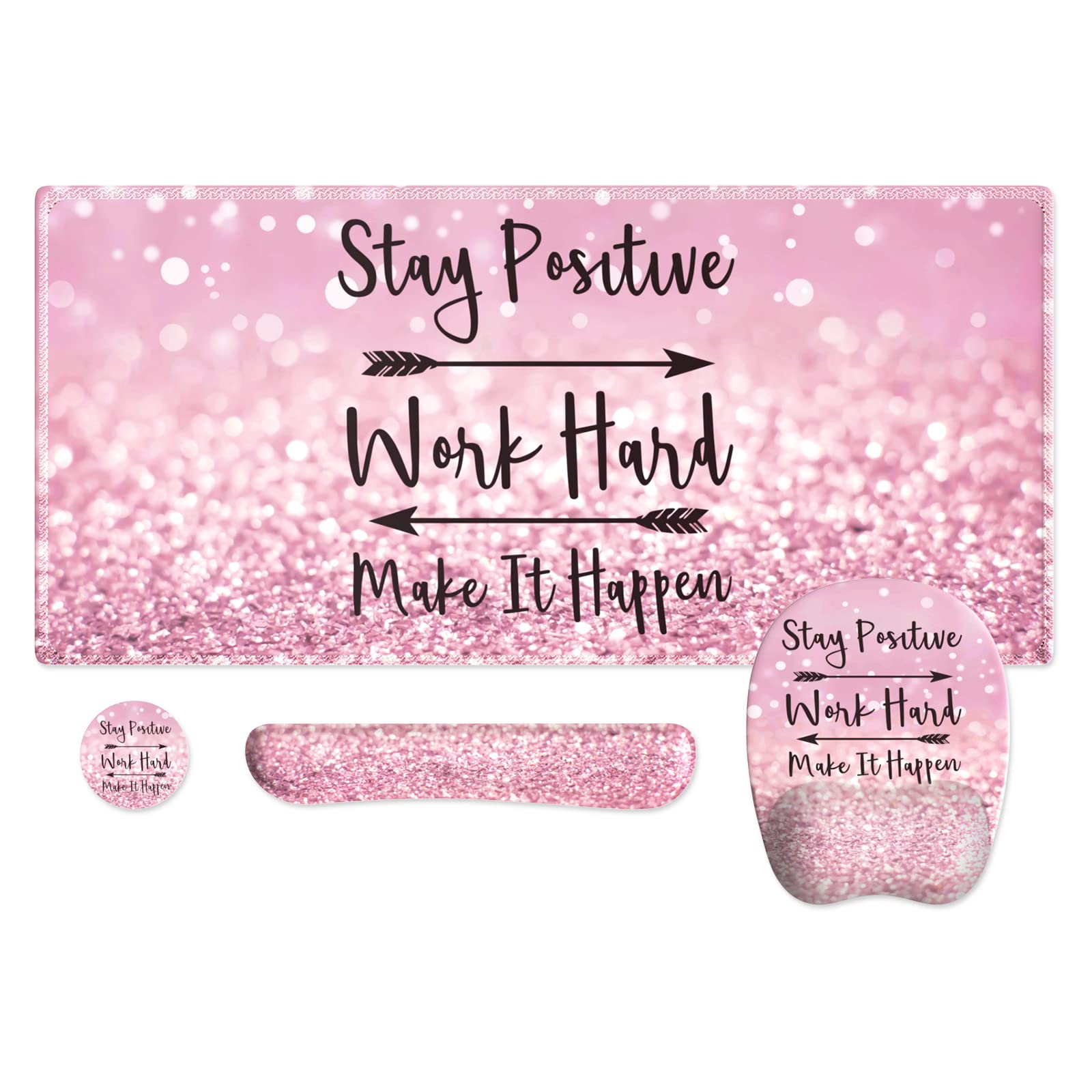 Ergonomic Pink Mouse Pad with Wrist Support - Non-Slip Rose Gold Keyboard Wrist Rest & Desk Mat, Stitched Edges for Durability (Stay Positive Design) - Perfect for Office, Gaming, and Home Workspace Comfort