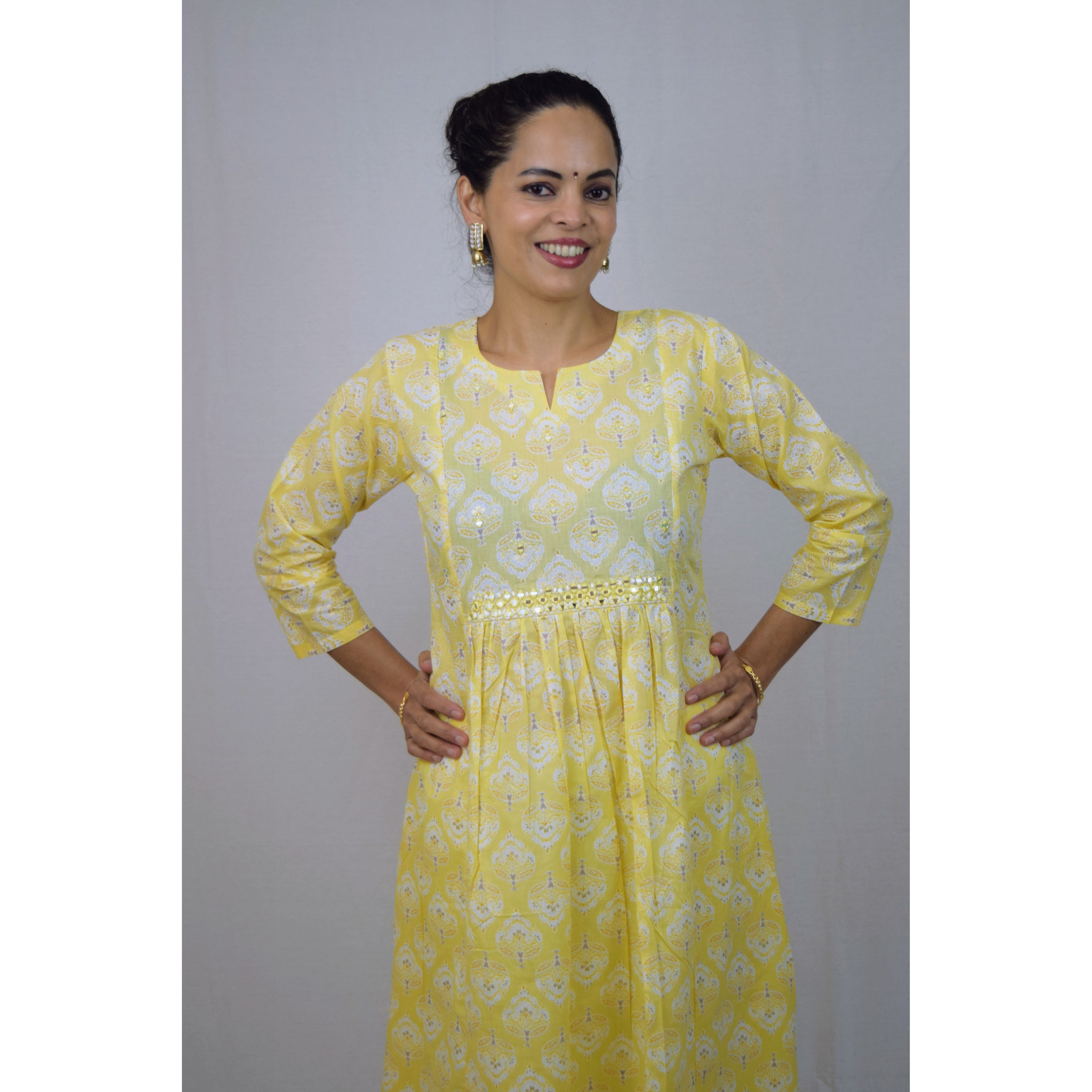 Stylish Yellow and White Kurti with Elegant Mirror Embroidery - Perfect for Festivals, Parties & Casual Wear