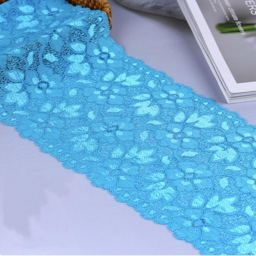 6.2 Inch Stretch Lace Trim - Floral Embroidered Elastic Fabric for Sewing, Clothing & DIY Crafts - 5 Yards Sky Blue - Perfect for Dresses, Wedding Gowns & Home Decor Projects