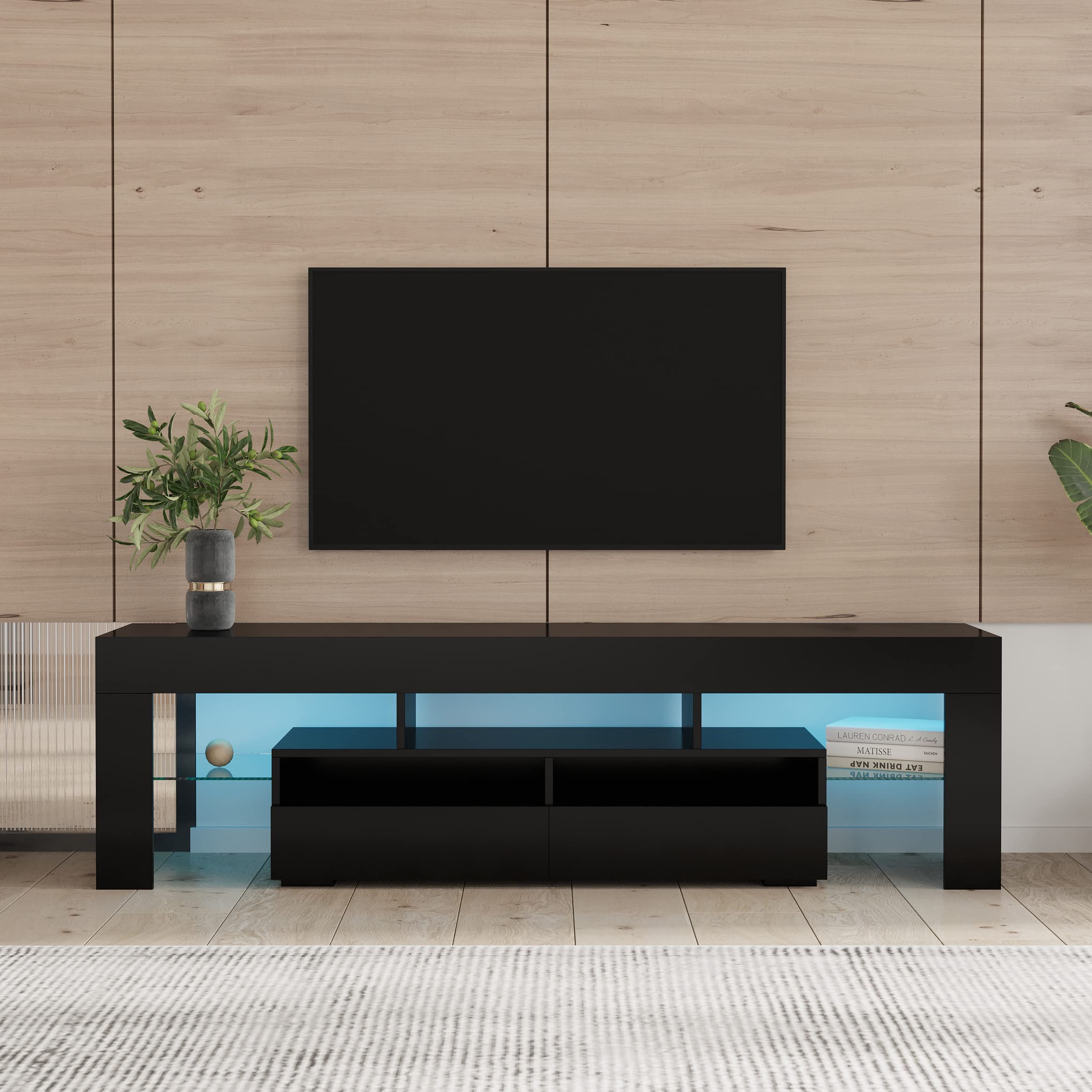 Modern TV Stand Cabinet with 2 Drawers & 2 Open Shelves - 20-Color RGB LED Lights with Remote Control - Black Living Room Furniture for Entertainment Centers & Home Theaters