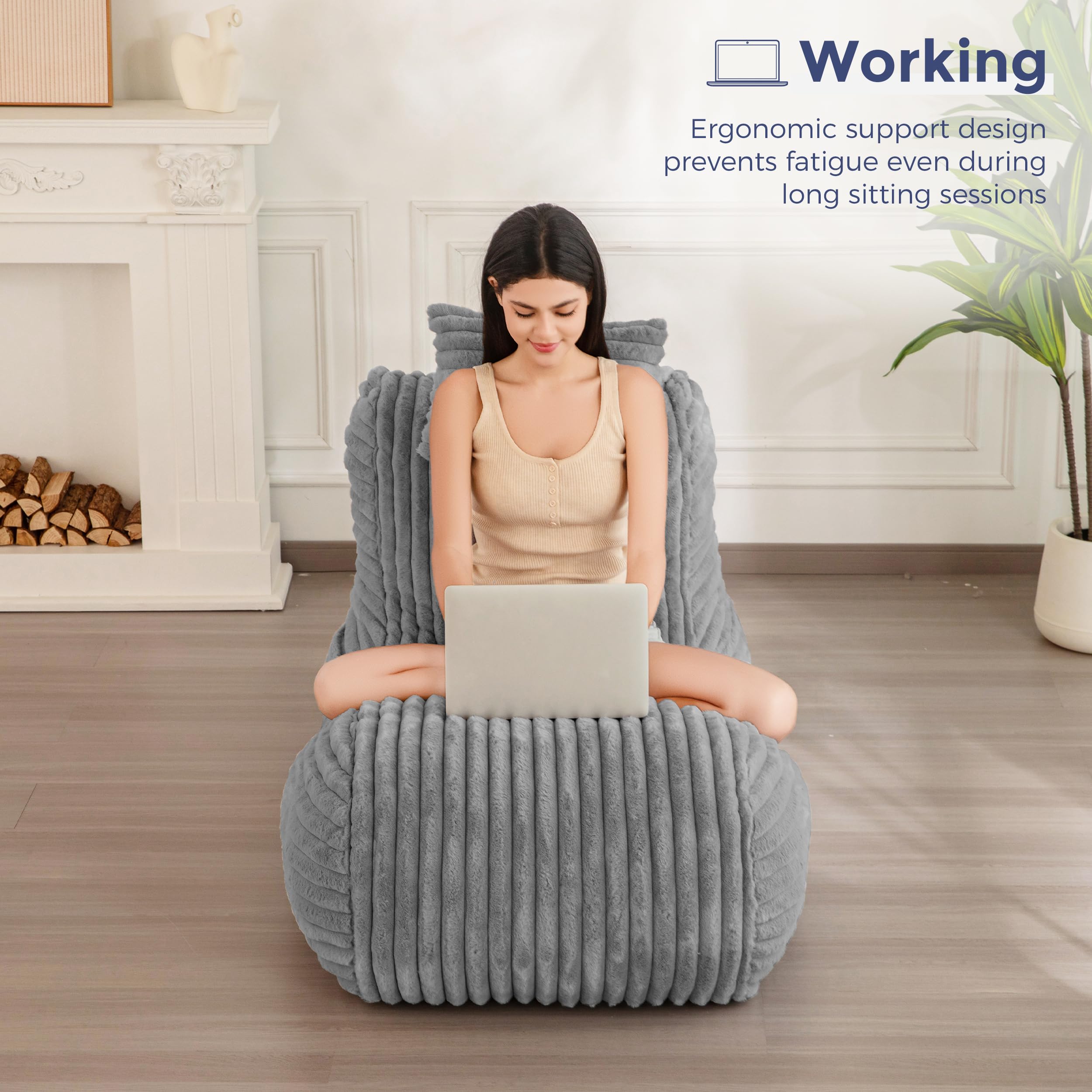 Ergonomic Velvet Chaise Lounge Chair with Pillow - Soft Fabric Floor Sofa for Bedroom & Living Room - Grey | MAXYOYO Comfortable Fainting Couch for Relaxing, Reading & Napping