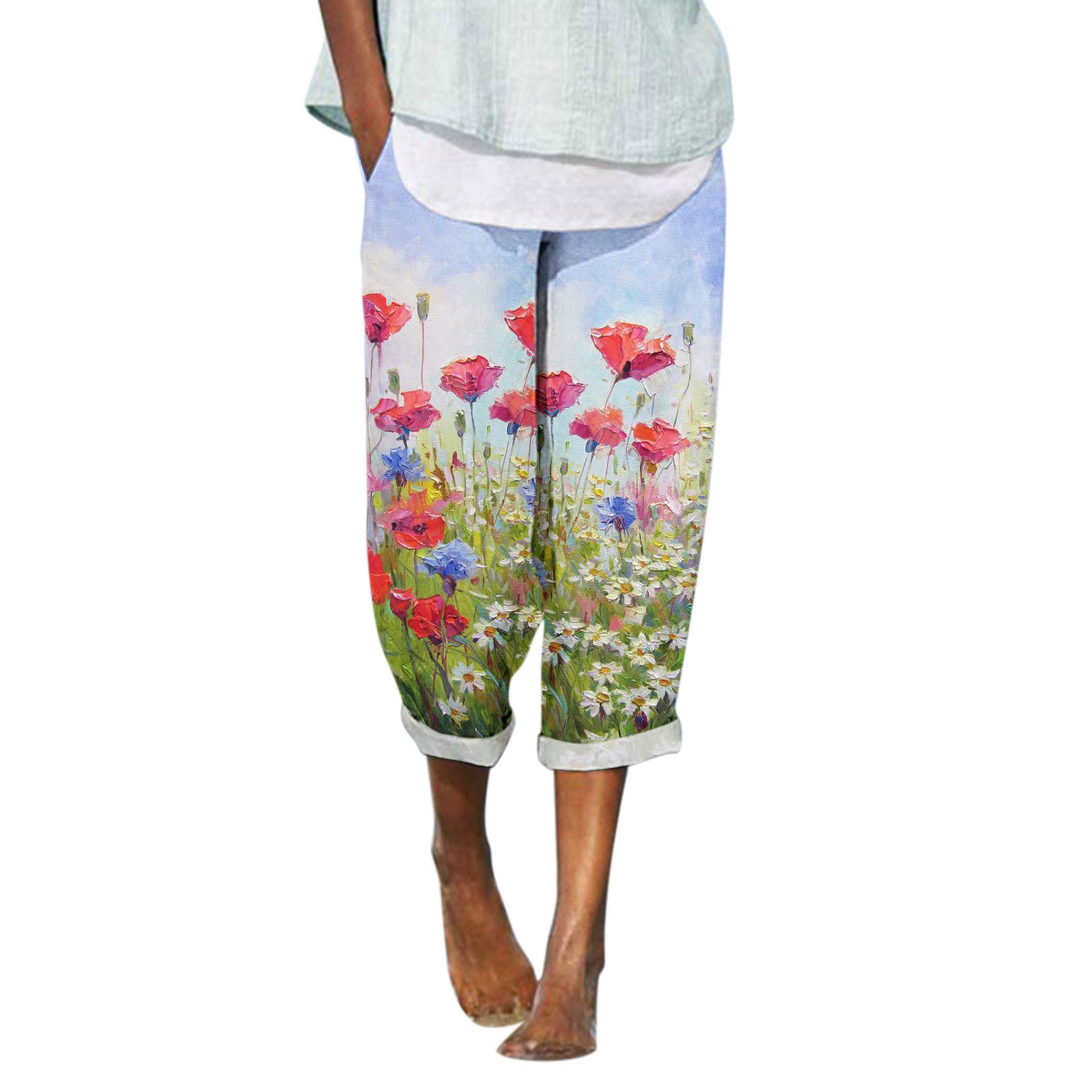 Women's High Waisted Loose Straight Leg Pants - Floral Print Cotton Casual Trousers for Summer | Perfect for Work, Travel & Everyday Comfort