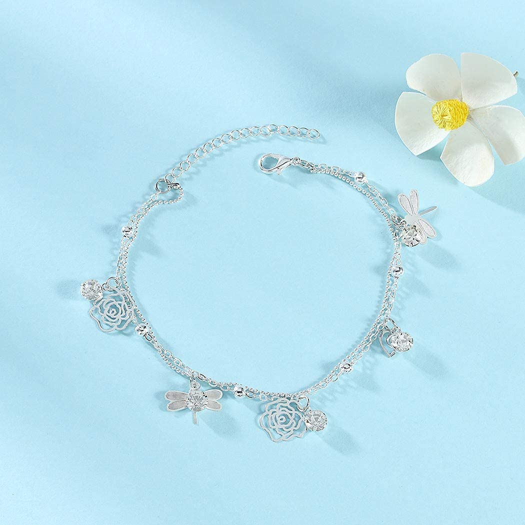 Dreamyn Boho Crystal Ankle Bracelet for Women - Silver Dragonfly Foot Chain with Flower Charm, Elegant Barefoot Jewelry for Beach, Festival, and Summer Outfits