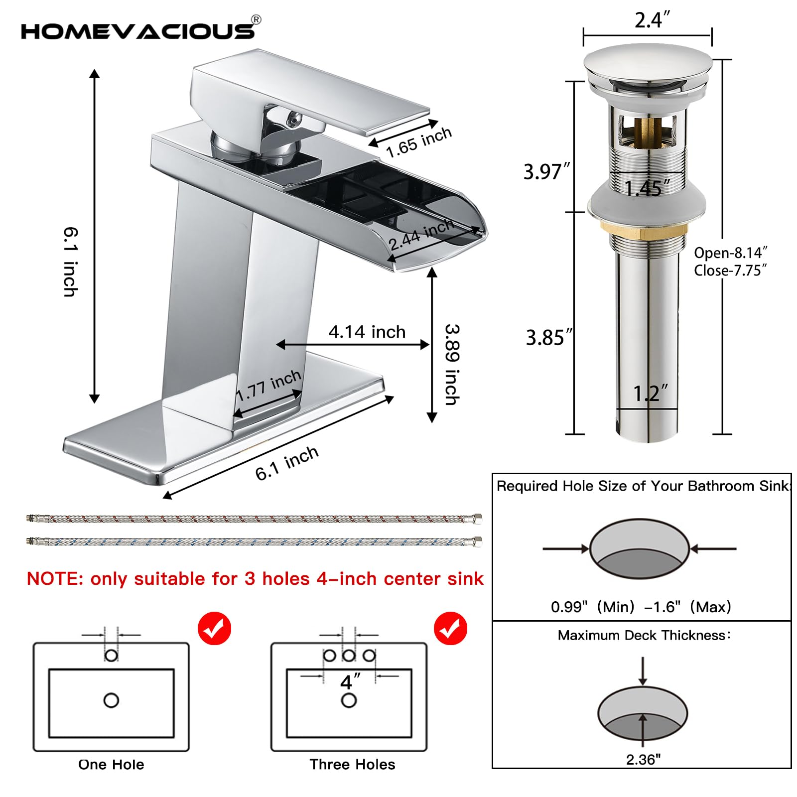 Modern Chrome Single Handle Waterfall Bathroom Faucet - 1 Hole Vanity Sink Faucet with Brass Pop Up Drain & Supply Lines - Perfect for Home Bathroom, RV Lavatory & Contemporary Decor