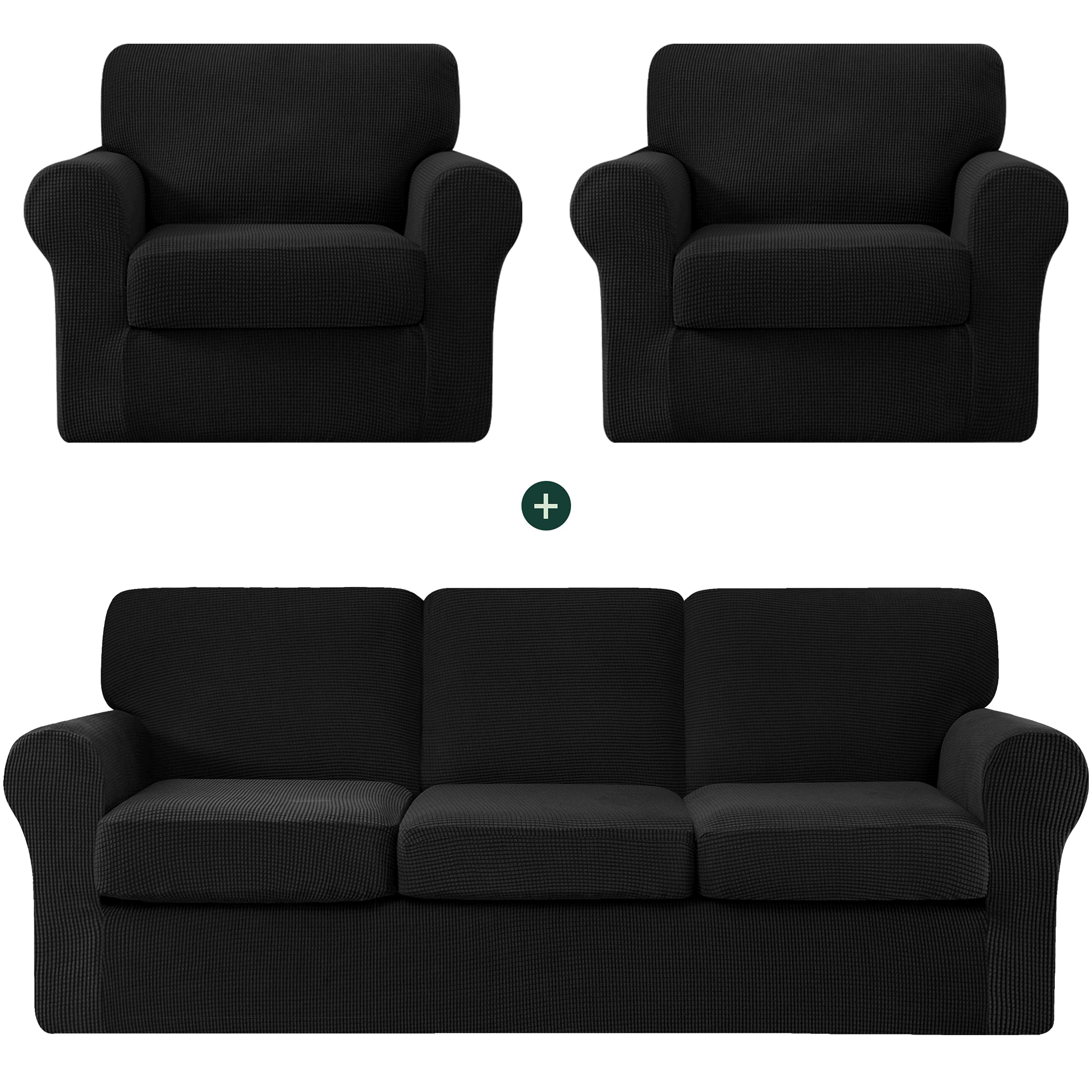 CHUN YI 2-Piece Armchair Sofa Slipcover Set - Stretchable Jacquard Fabric Couch Cover with Detachable Backrest & Cushion Covers (Black Checkered) - Perfect for Living Room, Office, or Dorm Furniture Protection