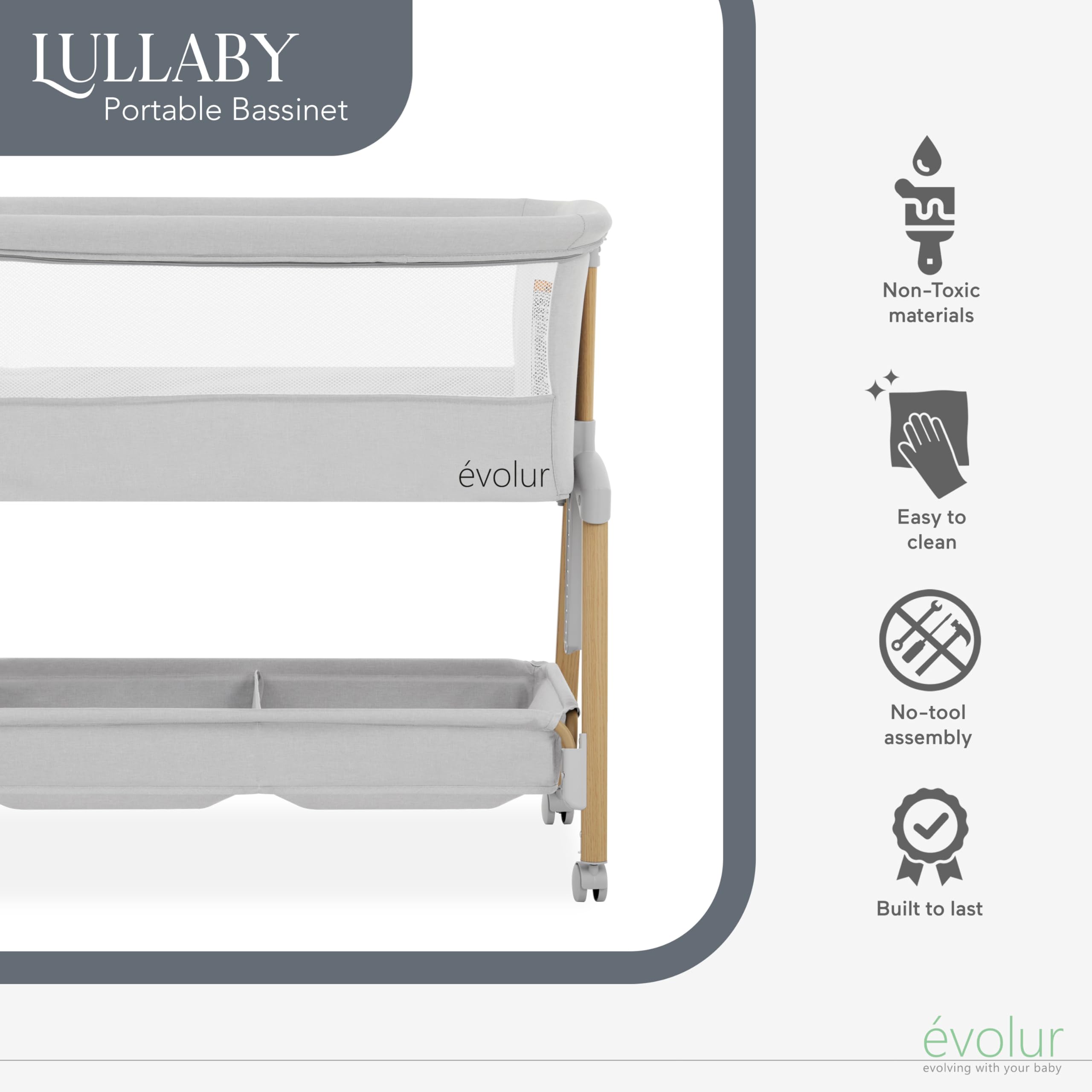 Evolur Lullaby Portable Baby Bassinet with Wheels - 7 Adjustable Heights, Breathable Mesh Sides, Large Storage Basket - Easy Fold & Carry for Travel - Perfect for Nursery, Bedroom & On-the-Go Parents (Includes Travel Bag)