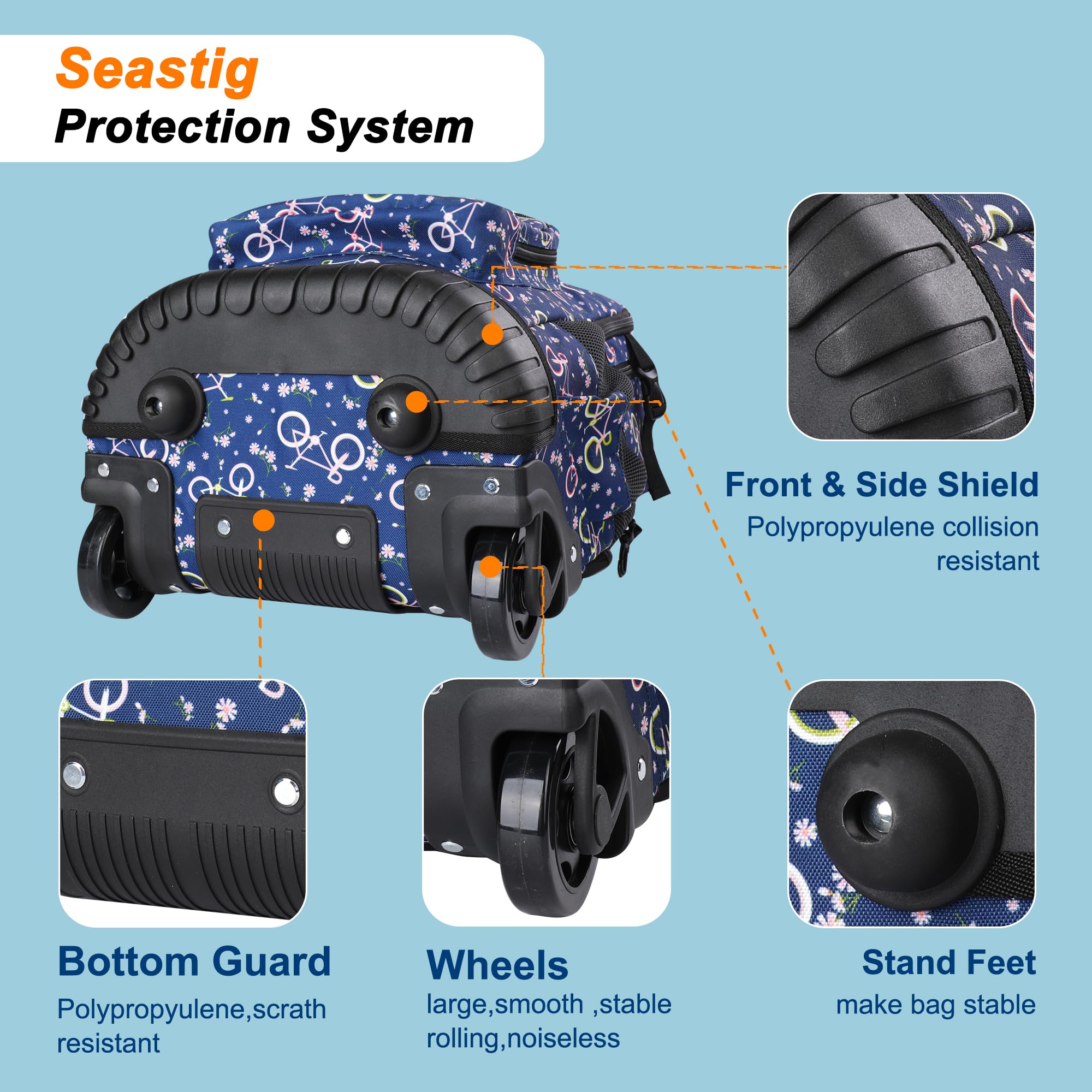 Seastig 18in Rolling Backpack with Wheels - Wheeled Laptop Backpack for Adults & Kids, Includes Lunch Bag & Pencil Case Set (Ideal for School, Travel, Work & Commuting)
