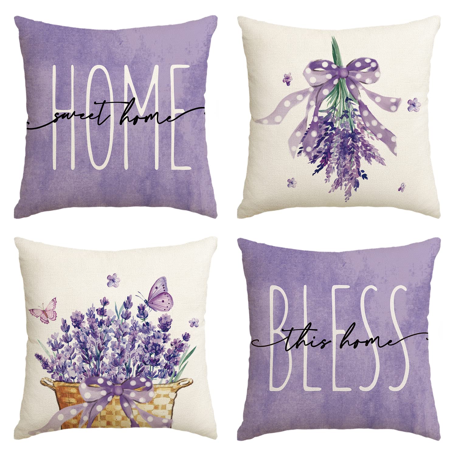 Lavender Home Sweet Home Throw Pillow Covers 18x18 Inch - Set of 4 Purple Spring Summer Cushion Cases for Sofa & Couch Decor - Perfect for Living Room, Bedroom & Home Blessing Gifts