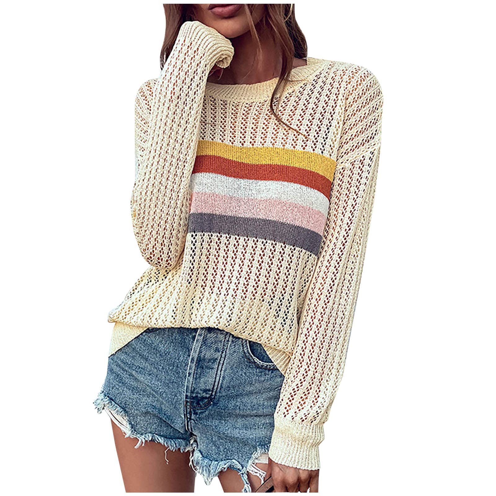 Women's Chunky Waffle Knit Sweater - Long Sleeve O-Neck Loose Casual Pullover with Color Stripe Design | Warm Winter Fashion Top for Everyday Wear, Office & Coffee Dates
